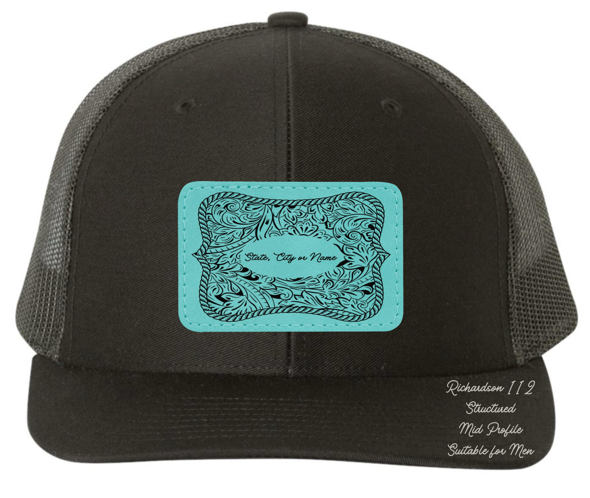 Customizable Tooled Leatherette Black Mid Profile Hat (2 Styles, 9 Colors)