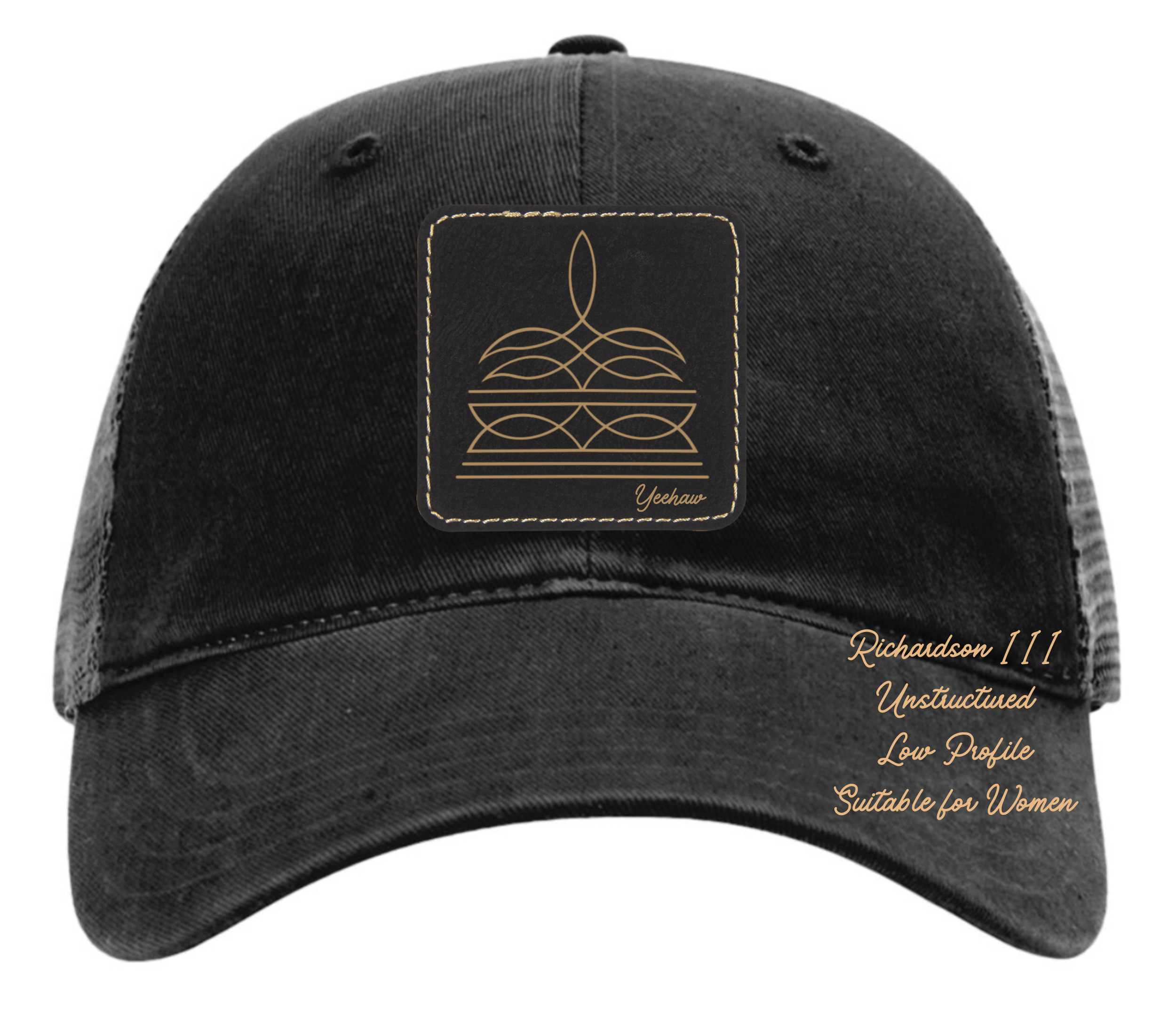 Richardson 111 black hat with boot stitch design customizable