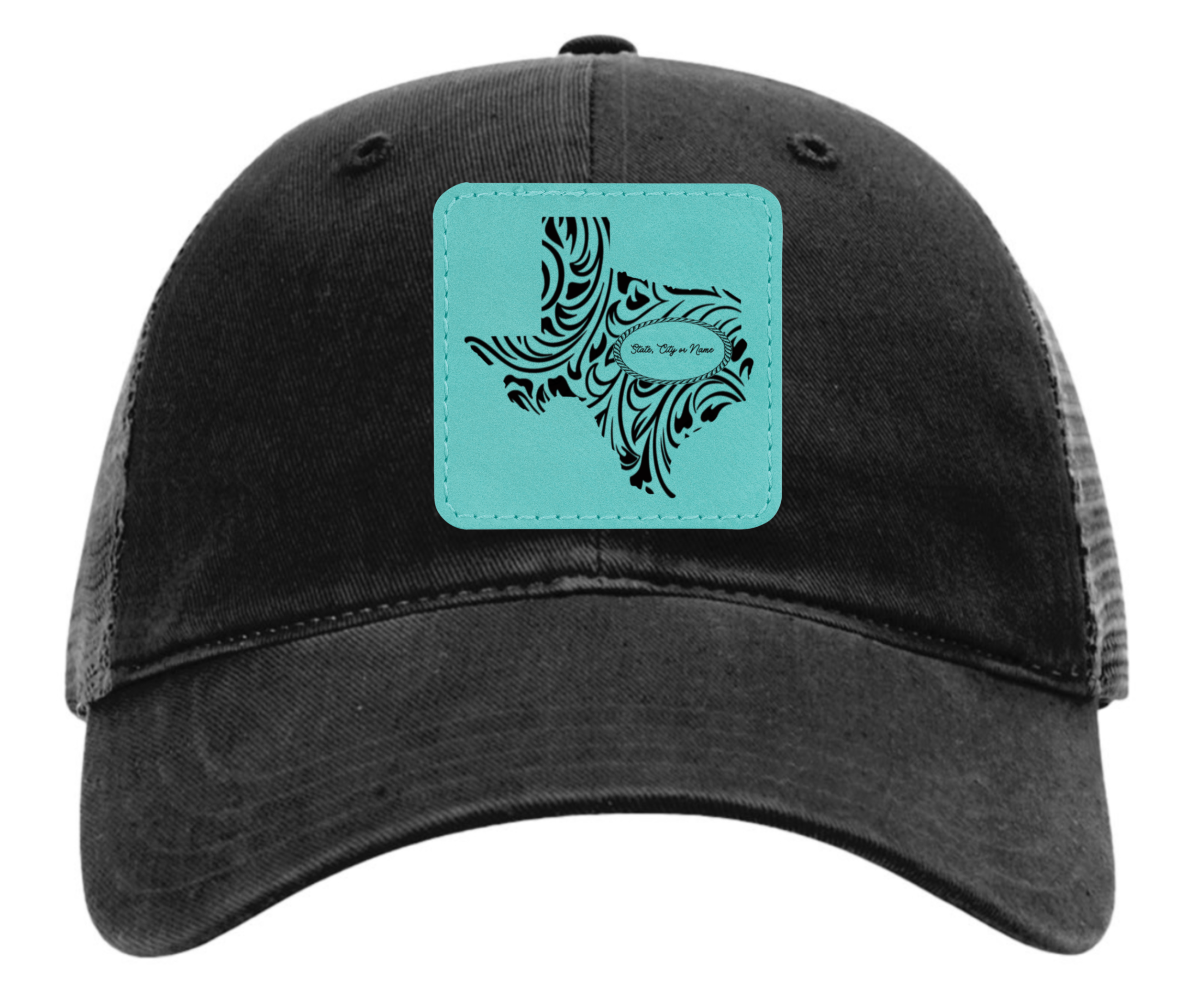 Richardson 111 black hat with original Texas tooled leather design customizable