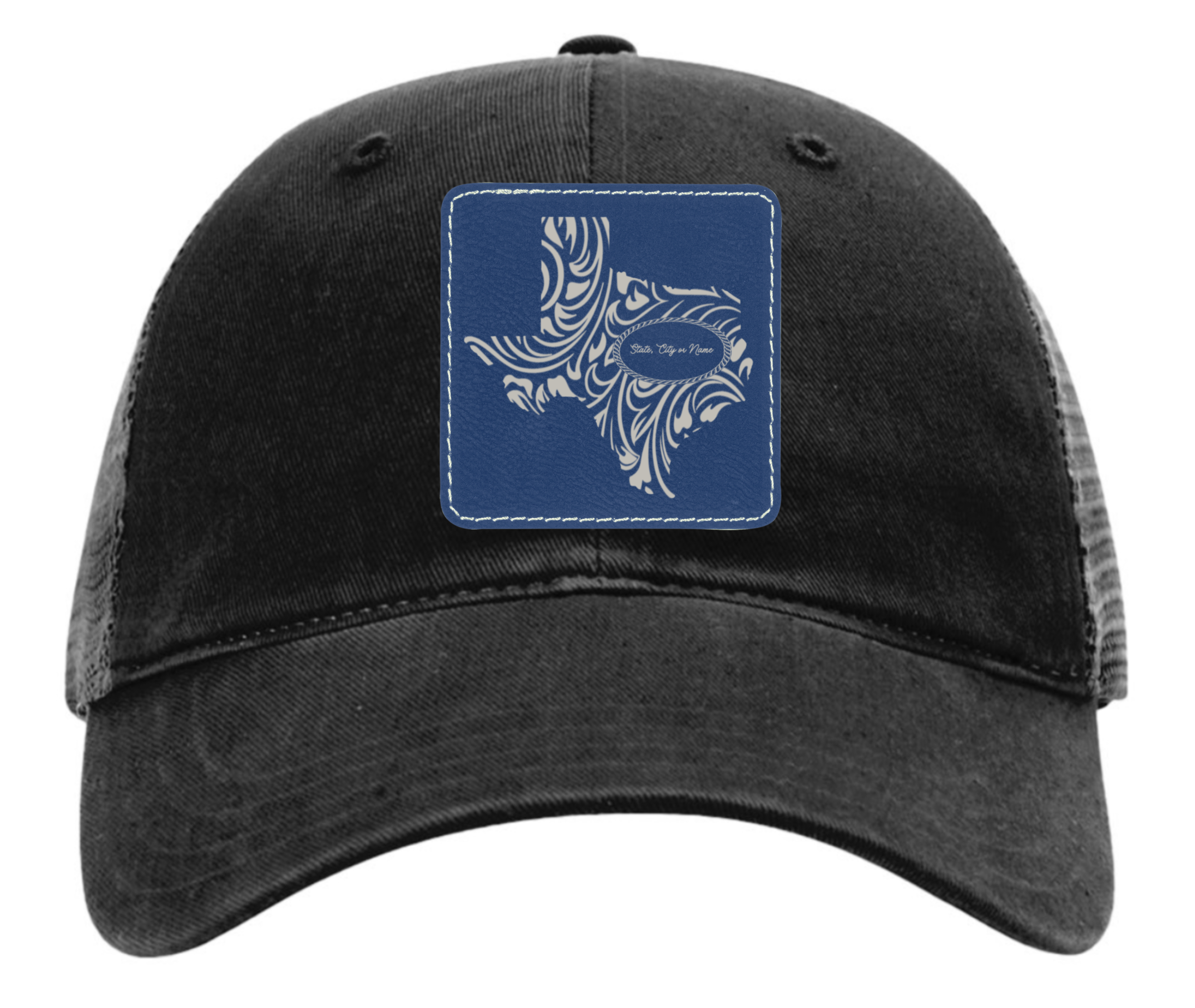 Richardson 111 black hat with original Texas tooled leather design customizable