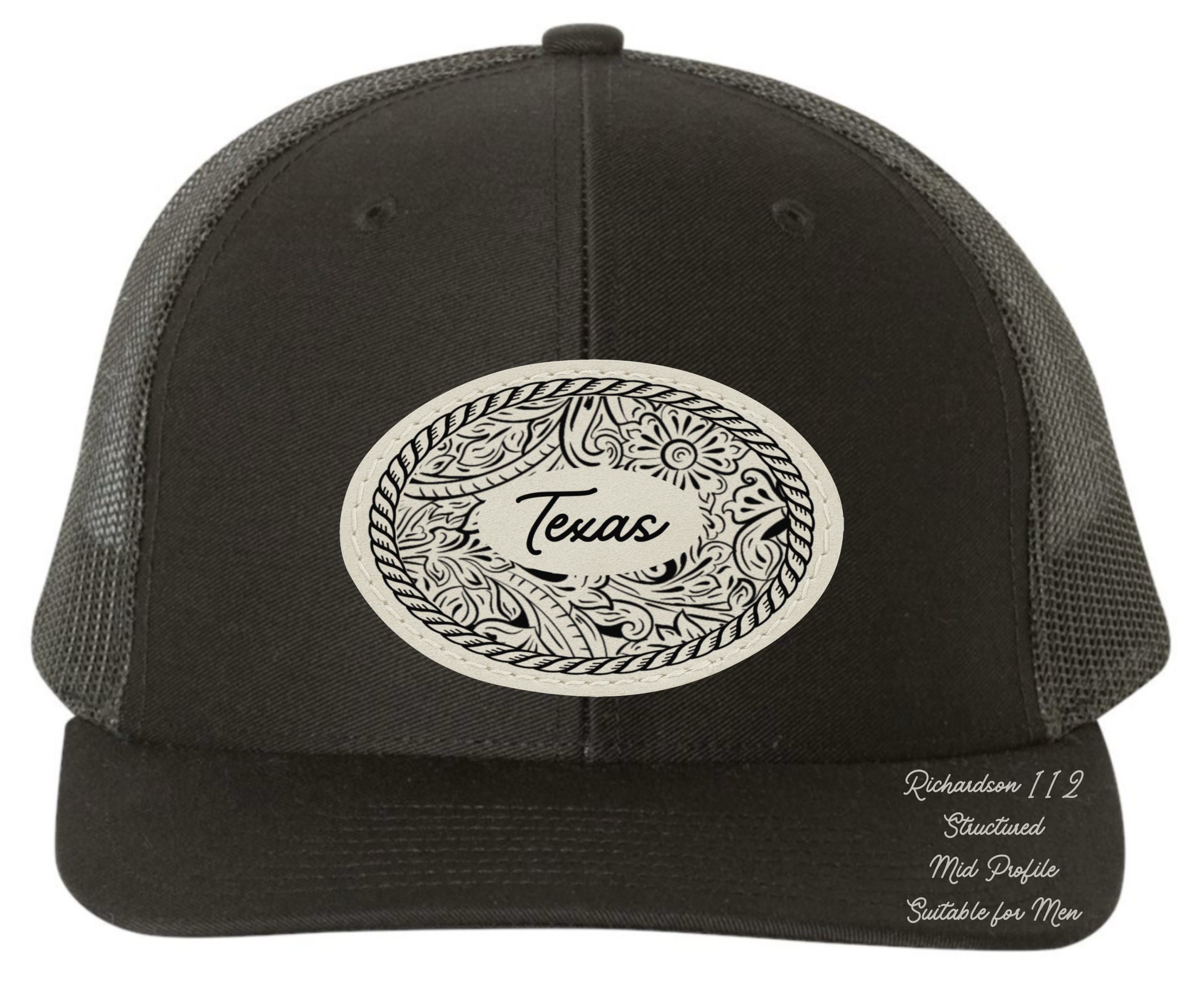 Richardson 112 black hat tooled leather Texas oval rectangle