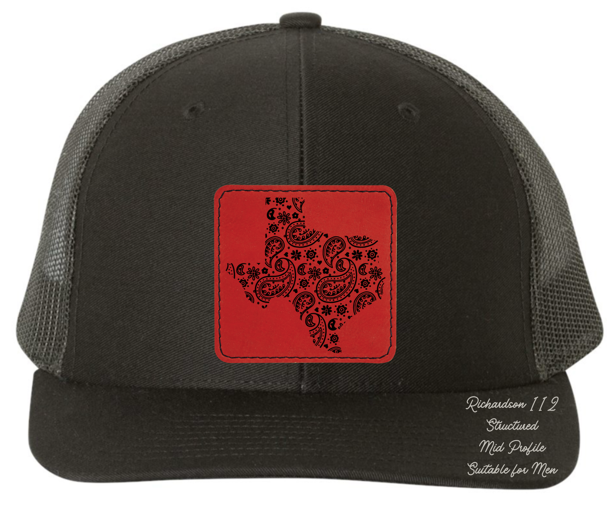 Richardson 112 black hat tooled leather in the shape of Texas