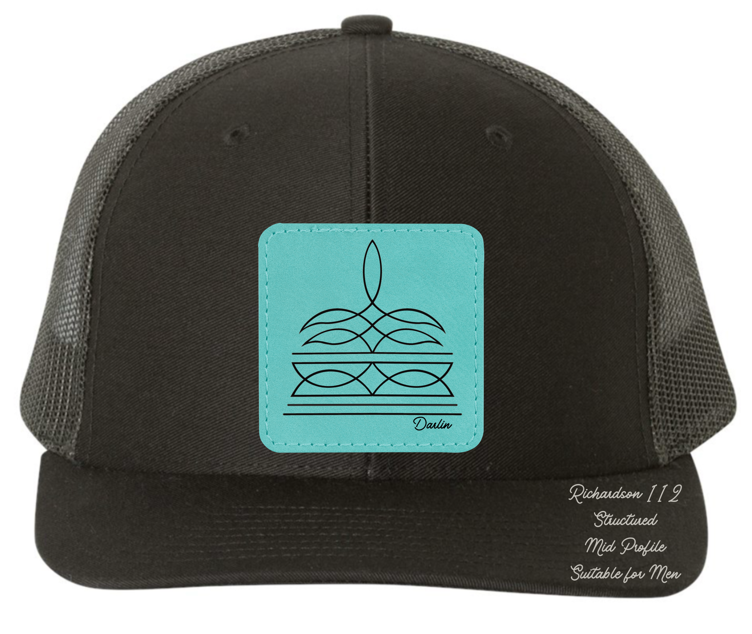 Richardson 112 black hat with boot stitch design customizable