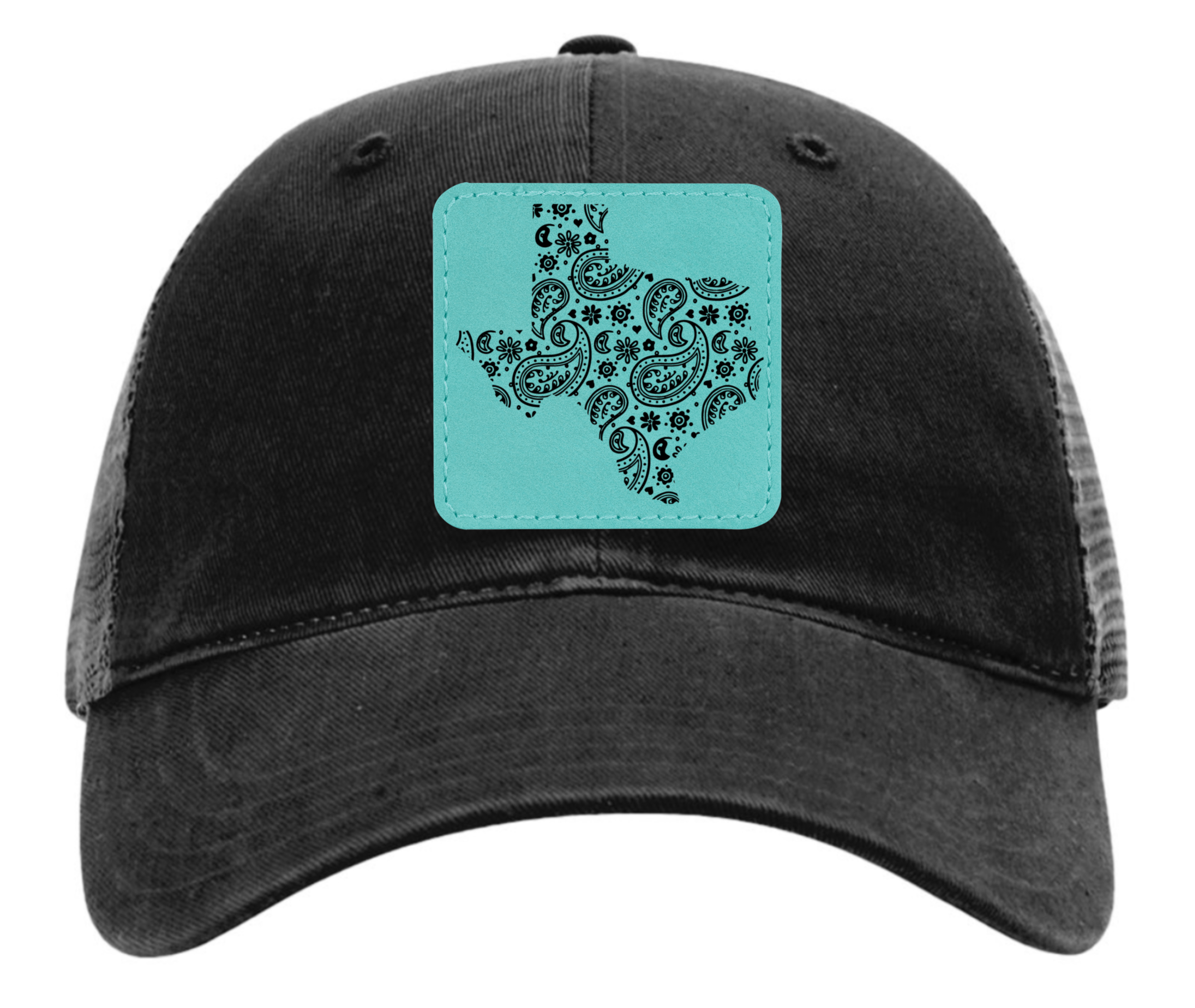 Richardson 111 black hat tooled leather in the shape of Texas