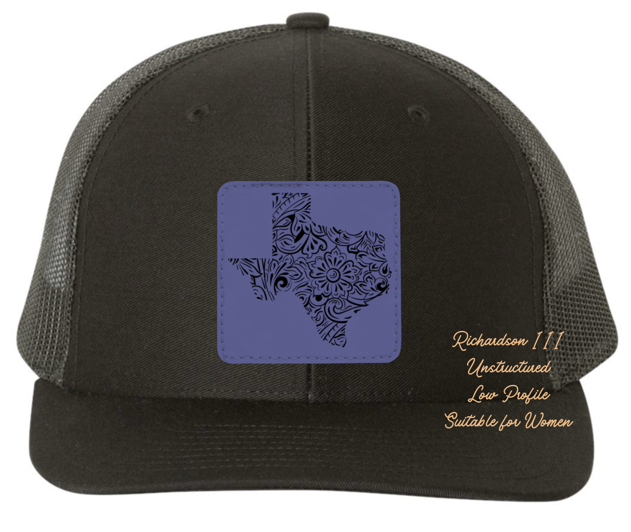 Richardson 111 black hat tooled leather in the shape of Texas