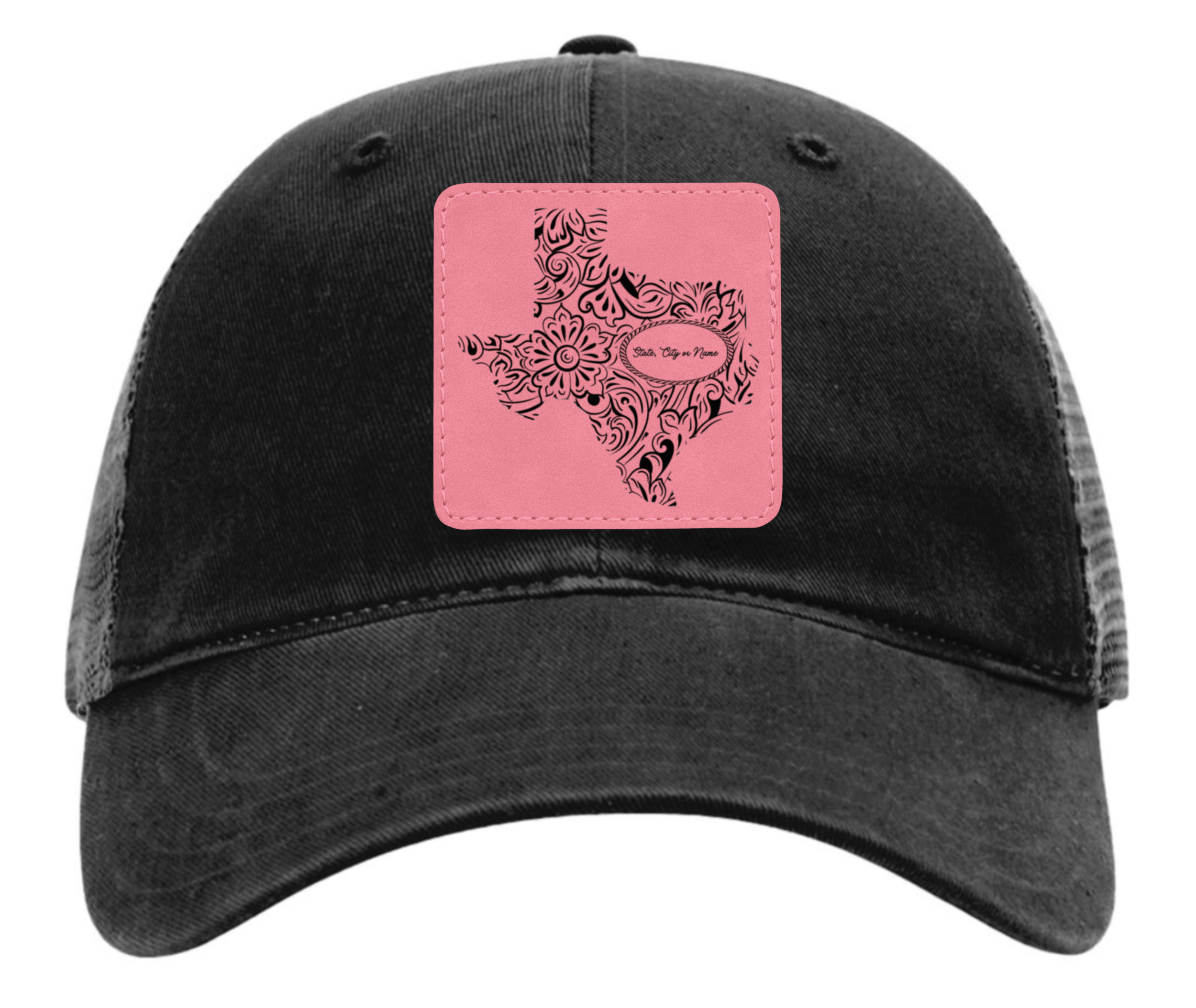 Richardson 111 black hat with original Texas tooled leather design customizable