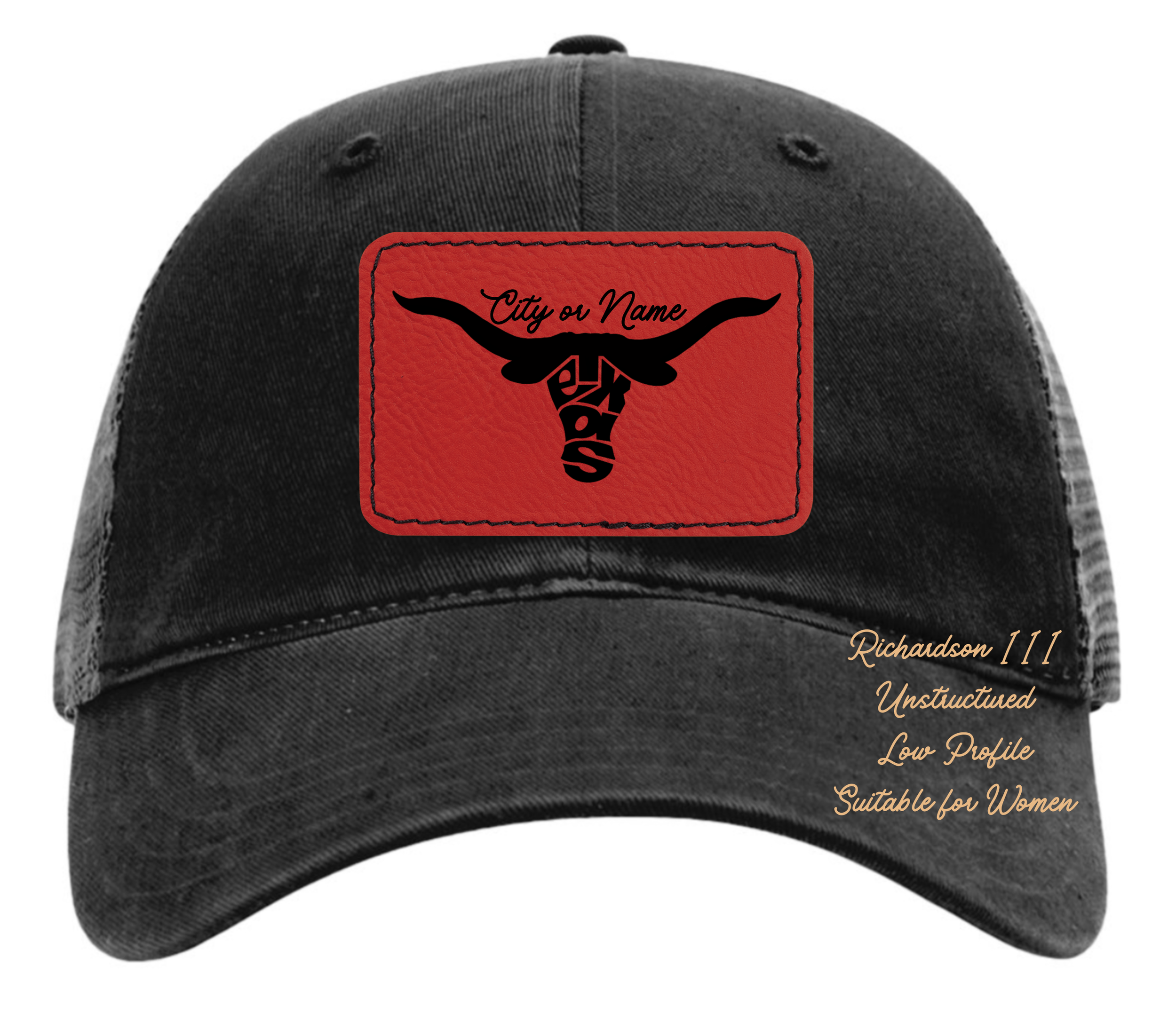 Richardson 111 black hat with original design Longhorn Texas customizable