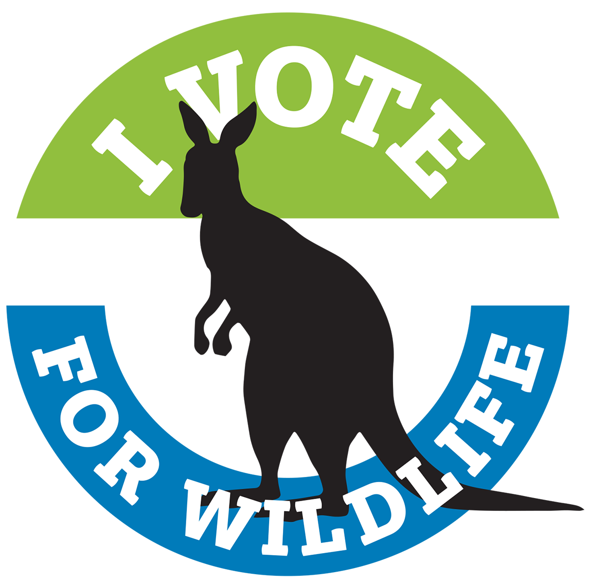 A circular logo with a green, black, and blue background, featuring a silhouette of a kangaroo.The words "I VOTE FOR WILDLIFE " are written at the top of the circle in white.