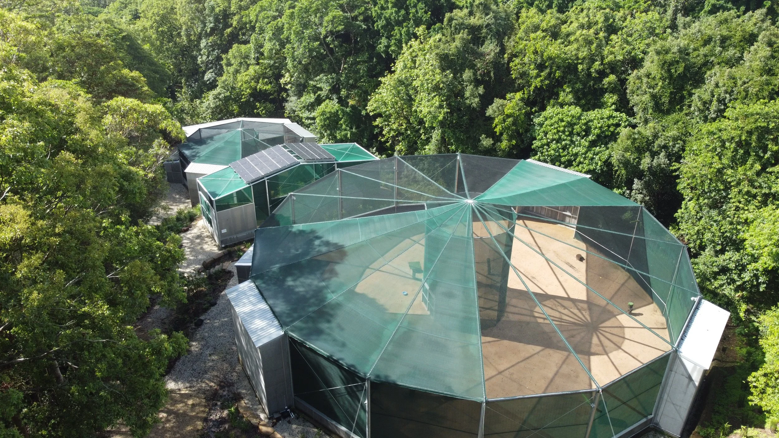 Byron Bay Raptor Recovery Centre's network of round aviaries designed to accelerate recovery of sick and injured birds of prey. The main geodesic dome structure is surrounded by trees in a native forested area.