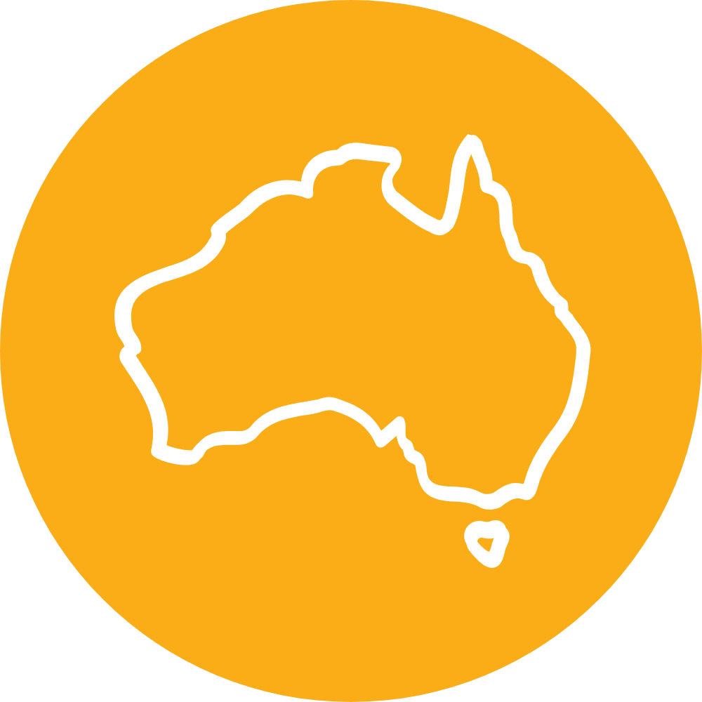 Outline of the map of Australia on an orange circular background.