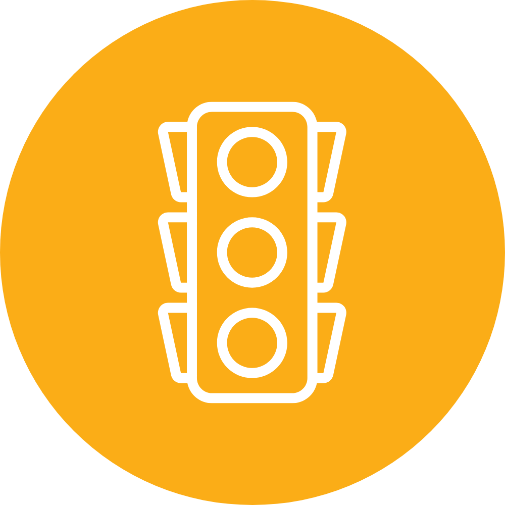 Icon of a traffic light with three circular lights on an orange circular background.