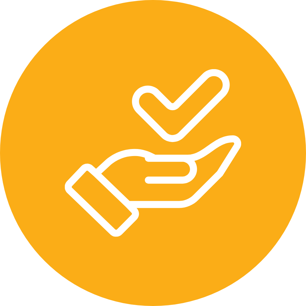 An orange circular background with a white line art icon of a hand holding a checkmark.