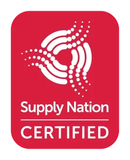 Supply Nation Certified logo with red background and white abstract dotted design.