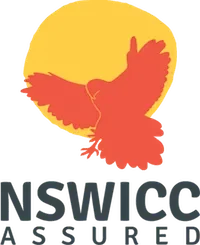 Silhouette of a bird in front of a yellow sun, with the text 'NSWIC' below.