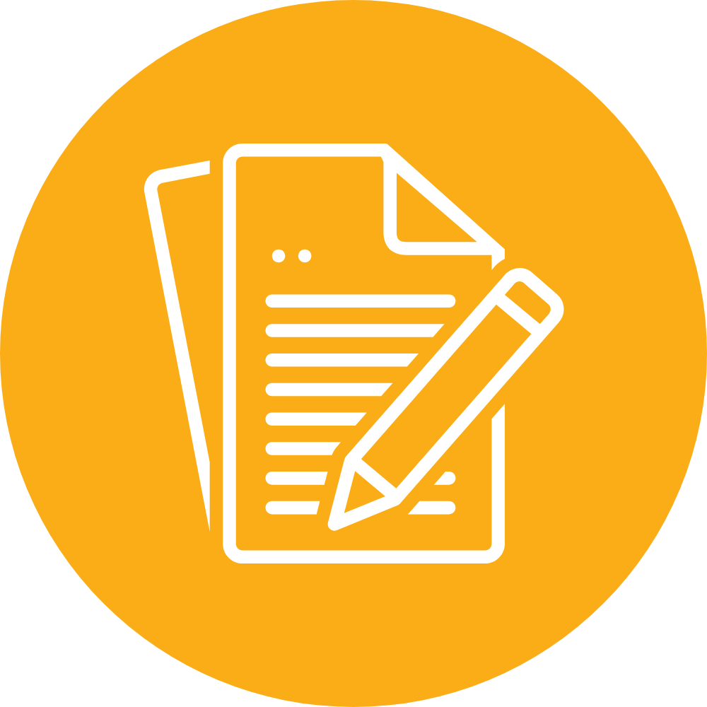 Icon of documents and a pencil on an orange circular background.