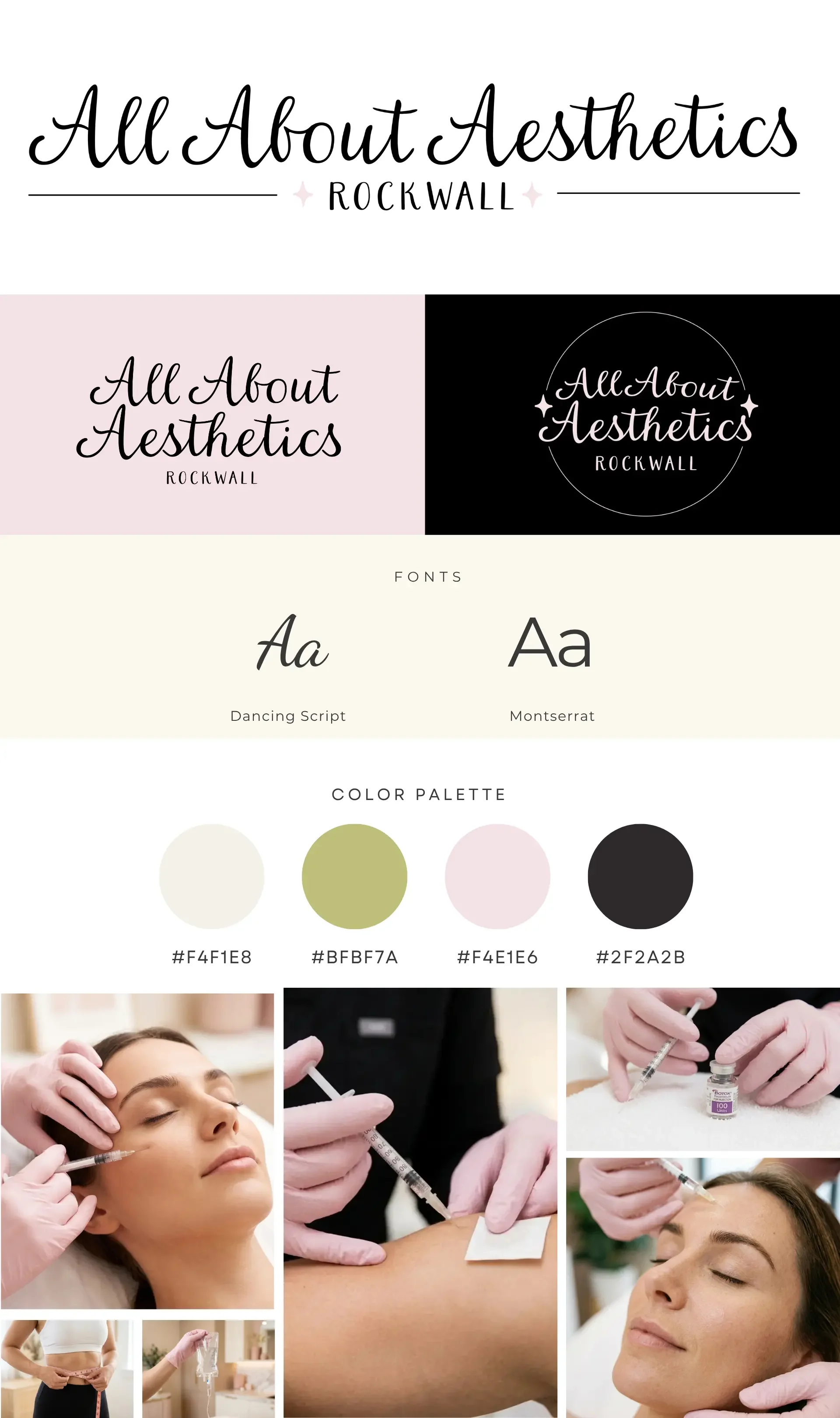 Brand identity design by 808 Digital Studio for All About Aesthetics Rockwall, showing the logo, color palette, and typography.