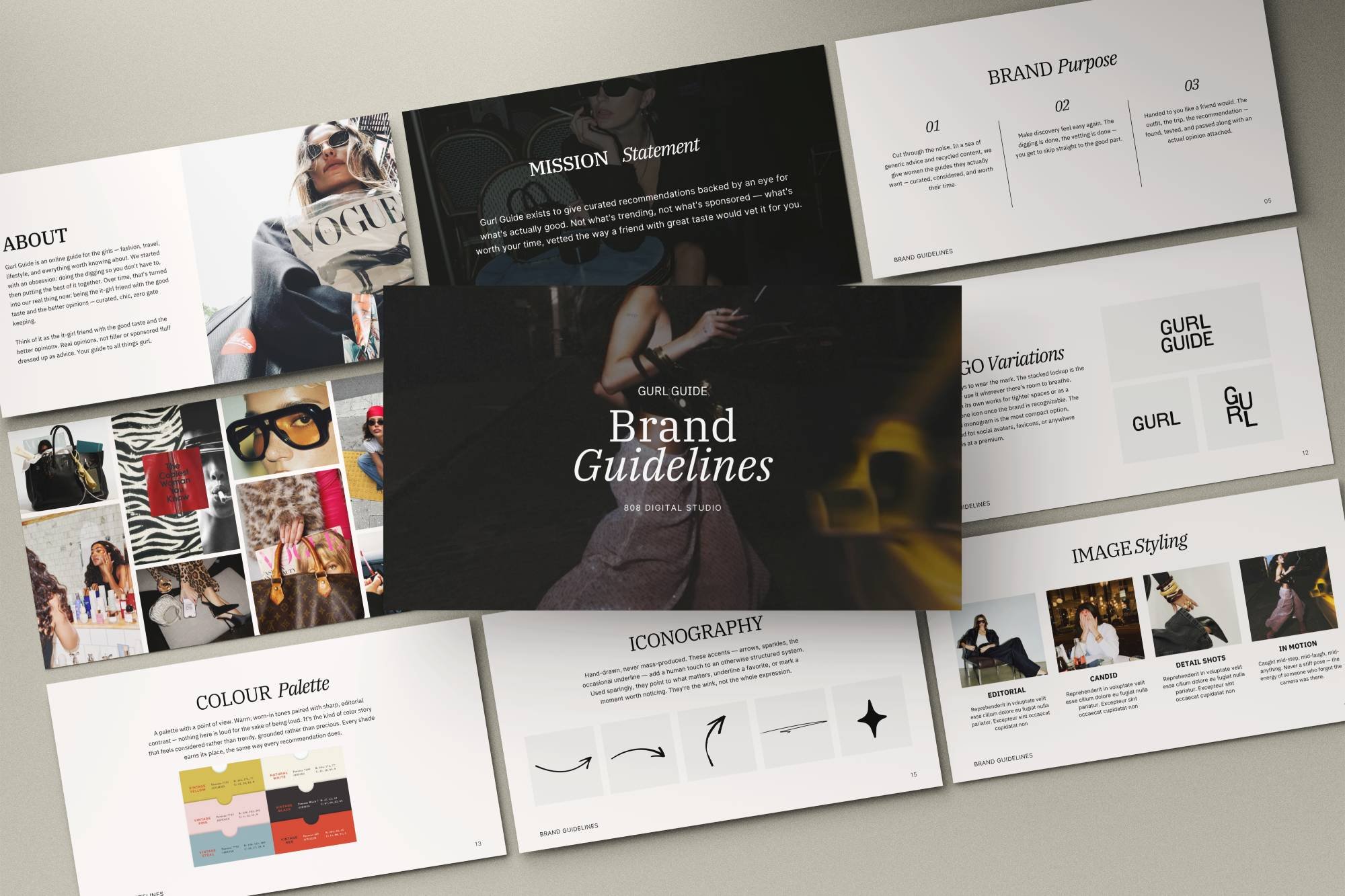 presentation of brand guideline deck slides created by 808 digital studio