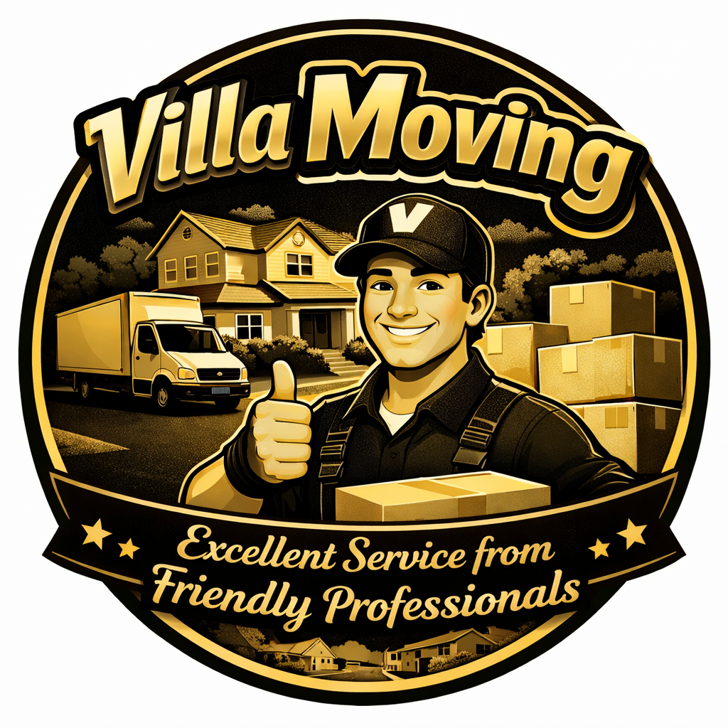 A logo for Villa Moving featuring a smiling mover giving a thumbs-up, surrounded by a house, moving boxes, and a delivery truck, with the slogan 'Excellent Service from Friendly Professionals'.