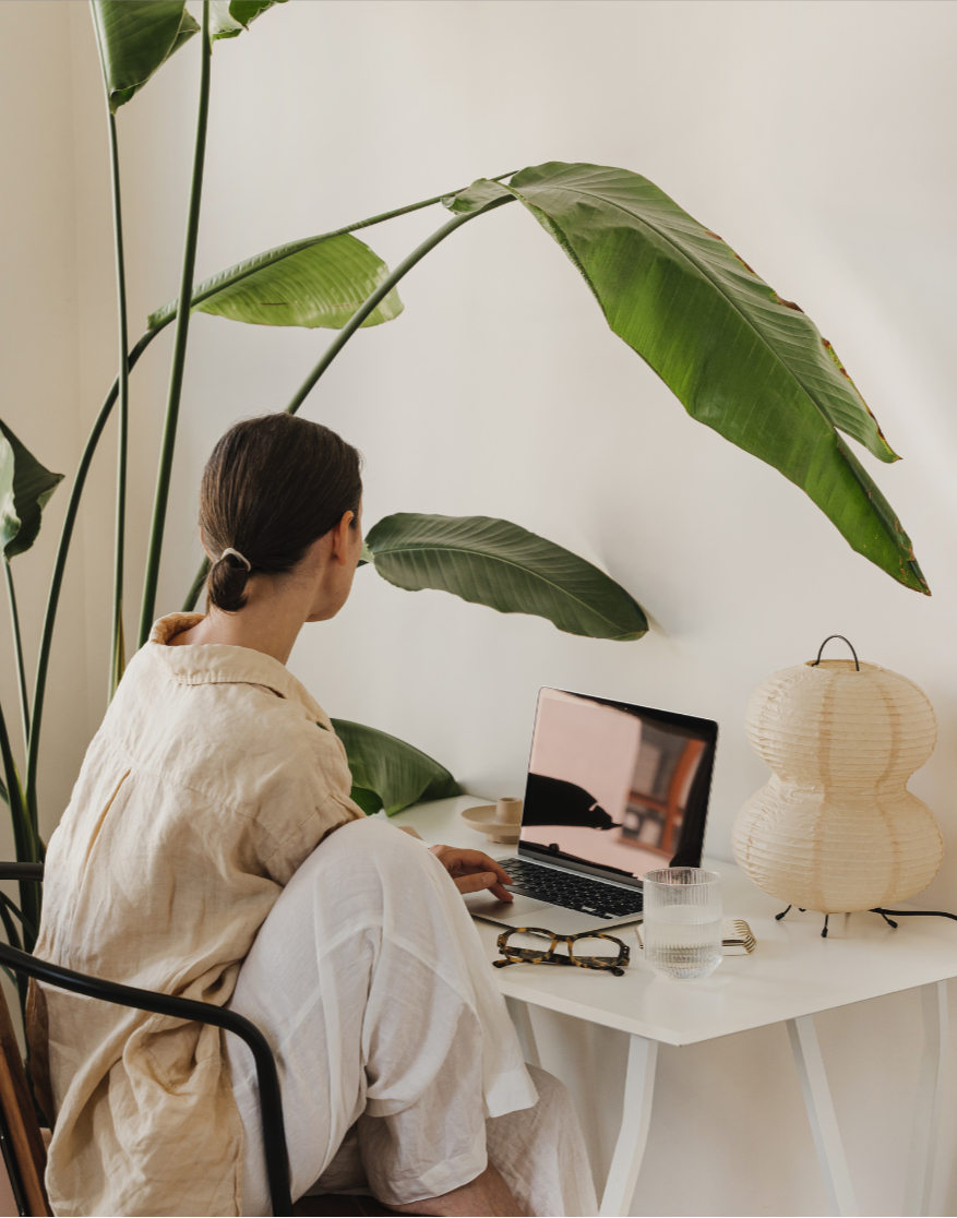 Person sitting at a white desk working on a laptop, with large green tropical plants behind her, a paper lantern lamp, glasses, and a glass of water on the desk.