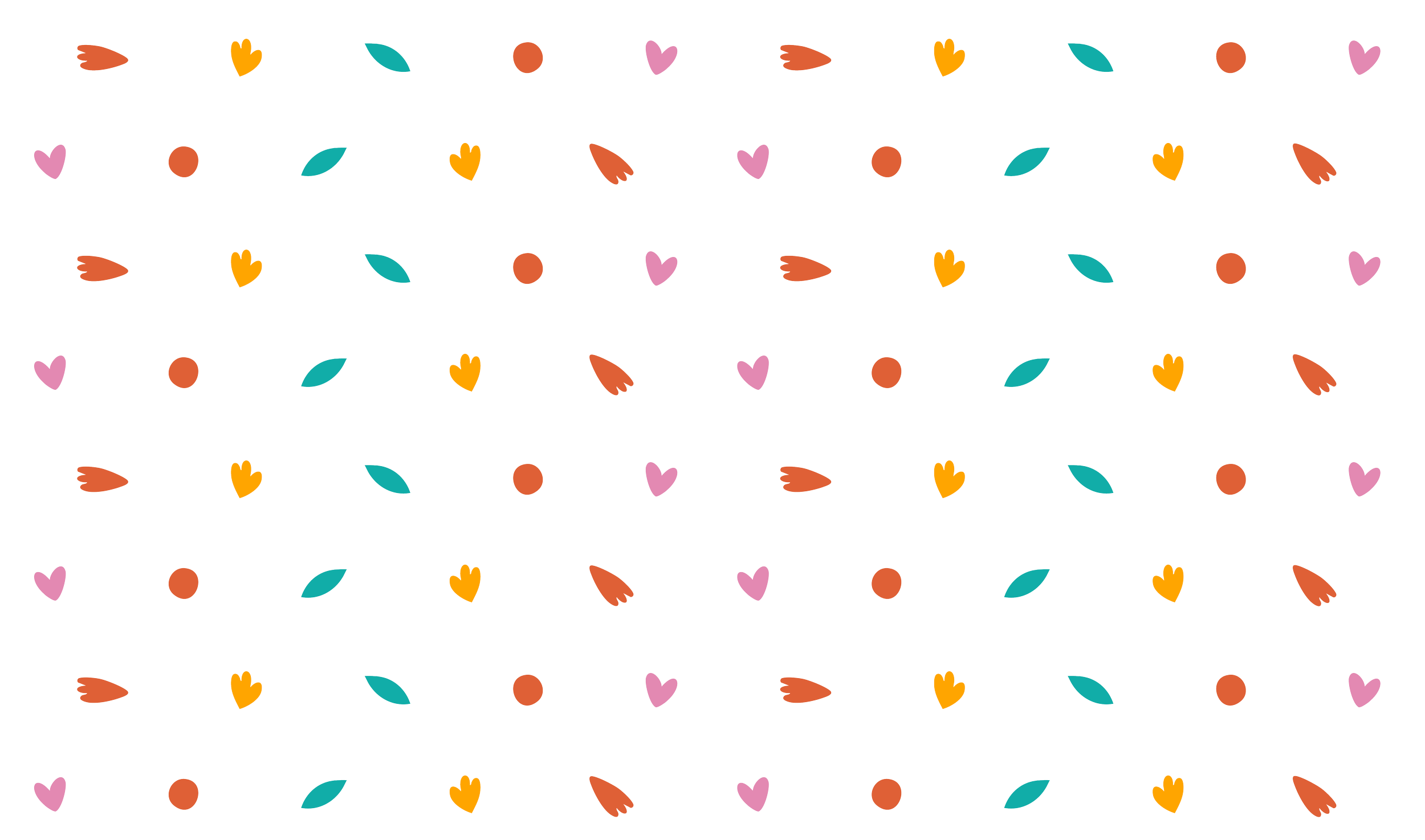 Pattern of colorful hearts, circles, and leaves on a black background.
