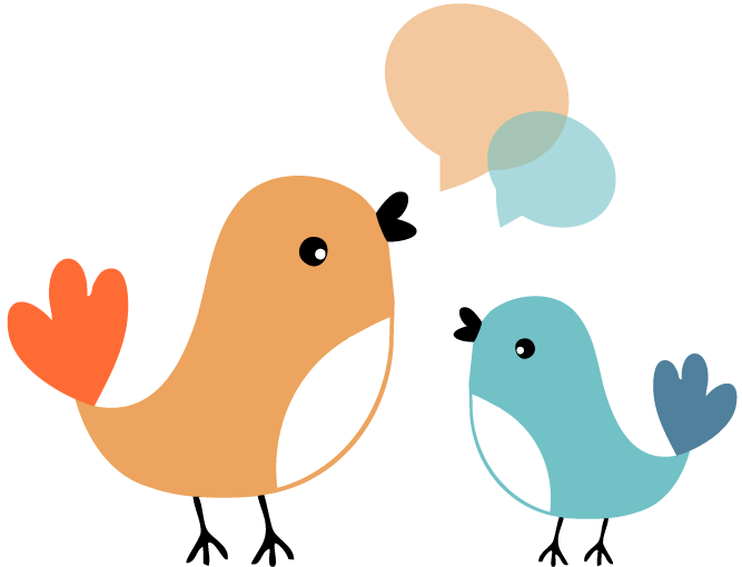 Illustration of two cartoon birds, one orange and one blue, engaging in conversation with speech bubbles above them.