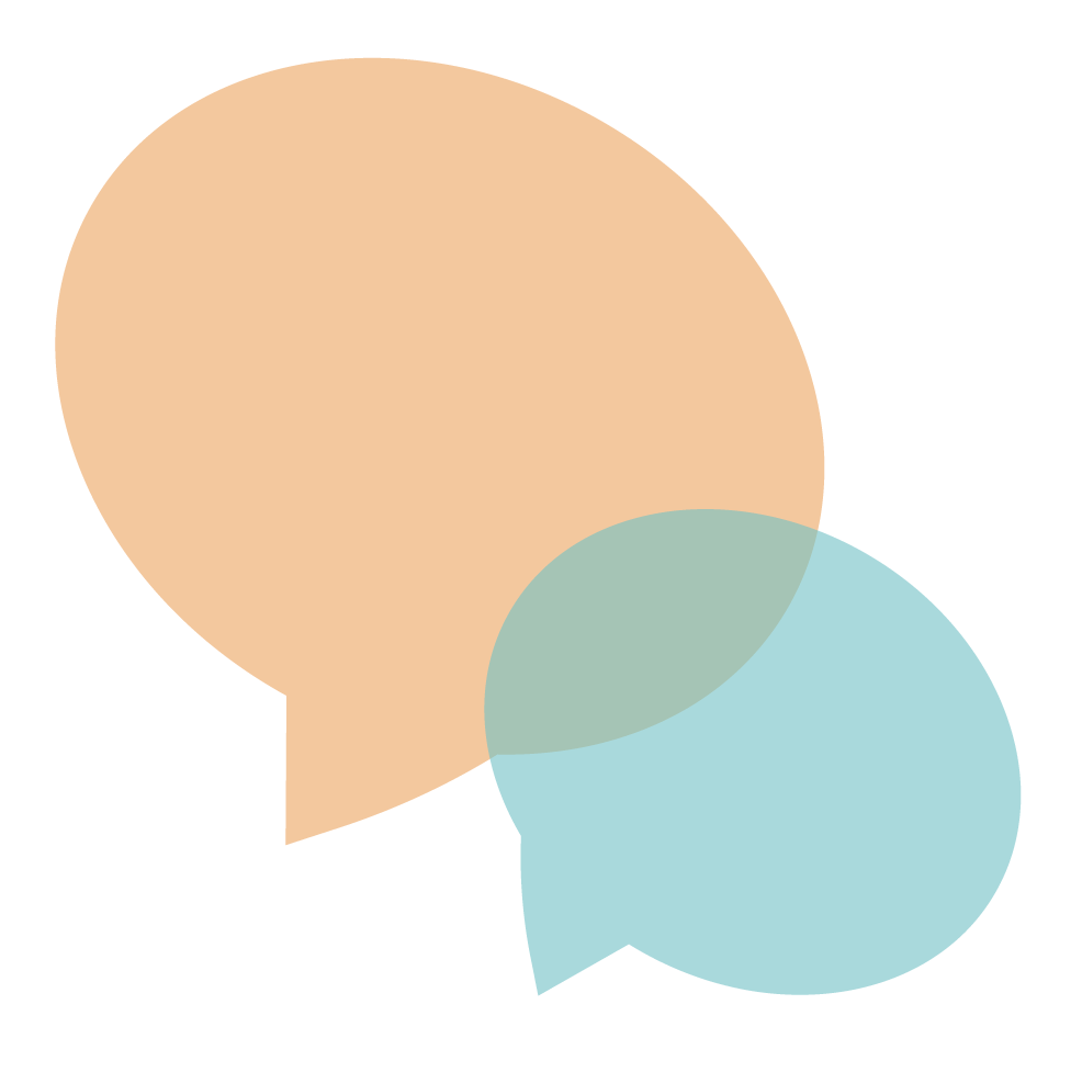 Two overlapping speech bubbles, one orange and one blue, on a black background.