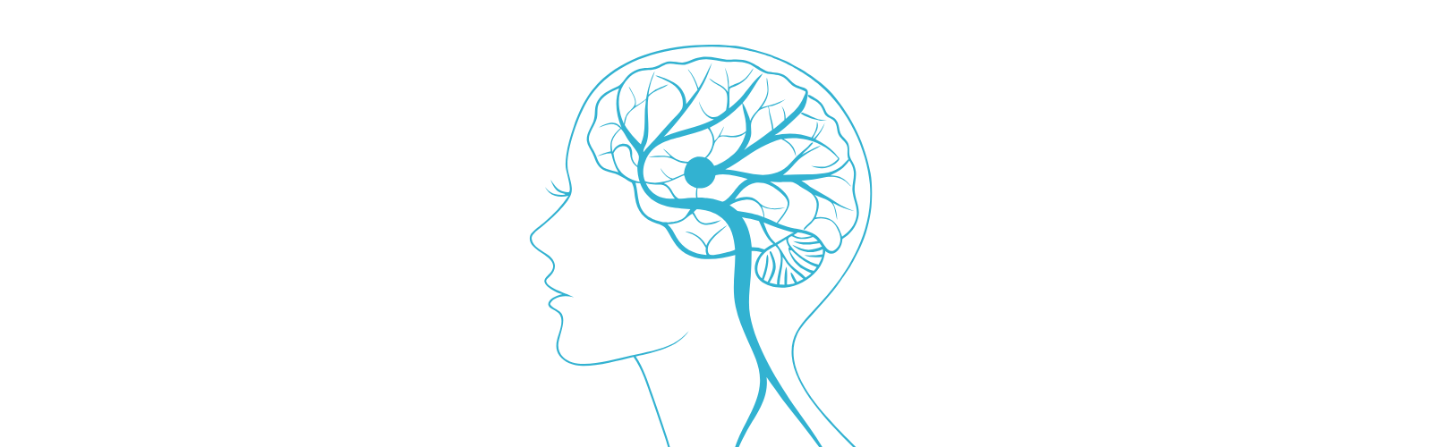 A blue illustration of a human head in profile with a line drawing of a brain inside.