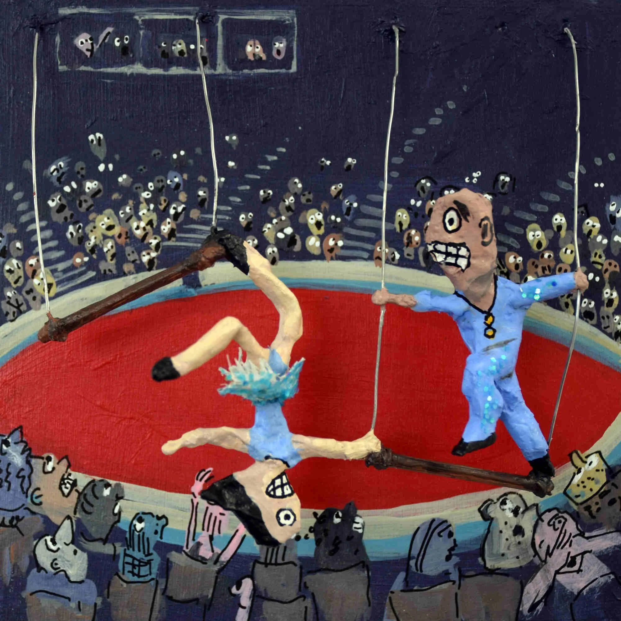 Flying Trapeze, 2025, mixed-media on panel, 6 x 6 in / 15.24 x 15.24 cm