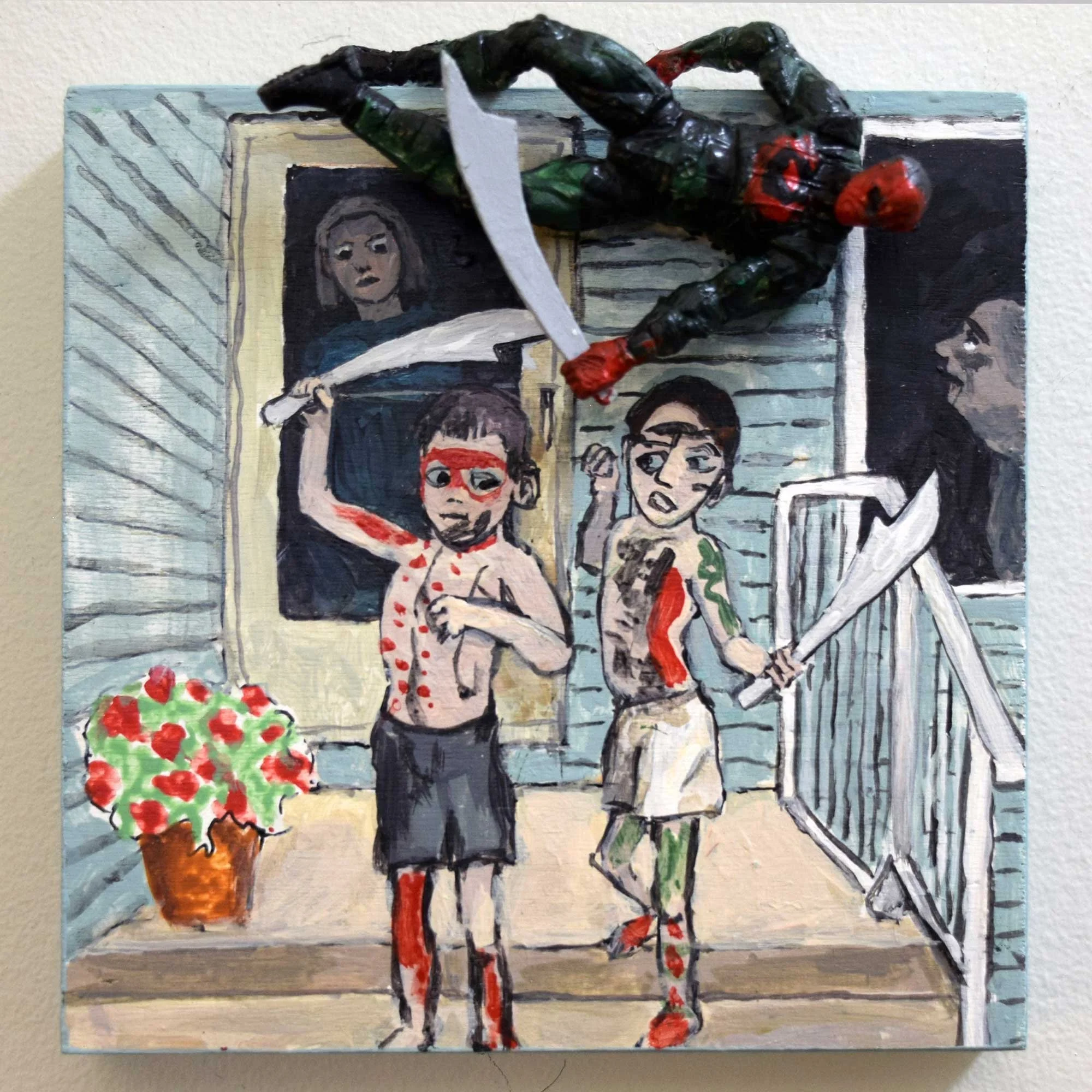 Warriors On The Step, 2024, mixed-media on panel, 6 x 6 in / 15.24 x 15.24 cm