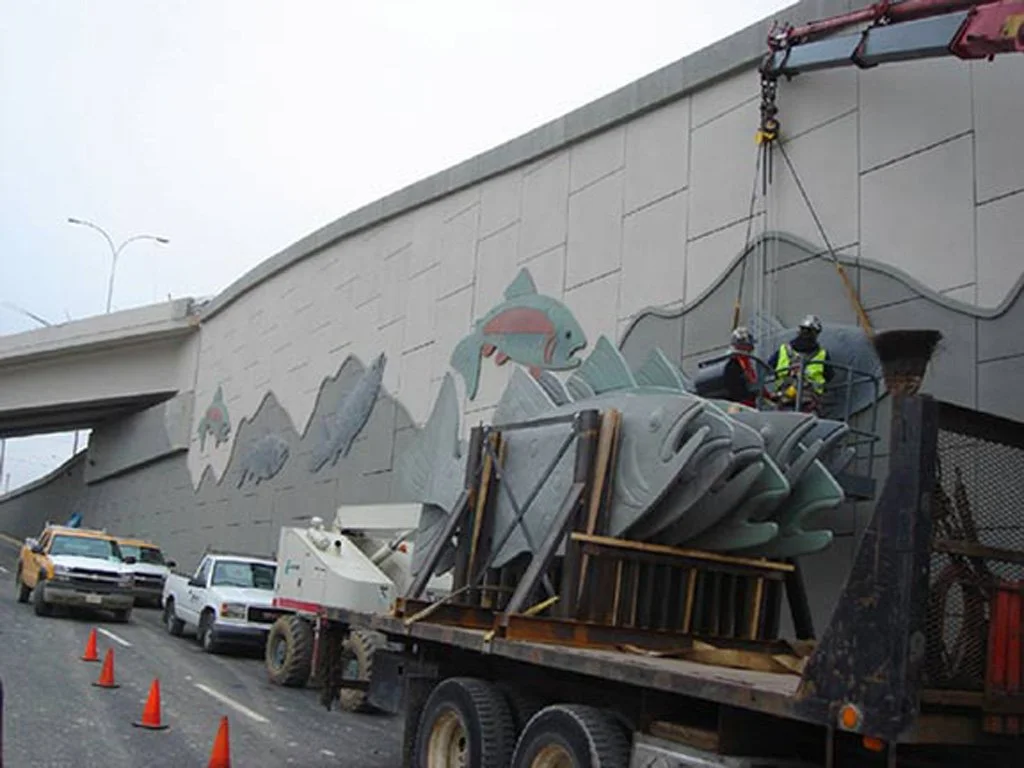 Jumping Trout, 2007, concrete, 153 trout, each 14.8 ft / 4.51 m