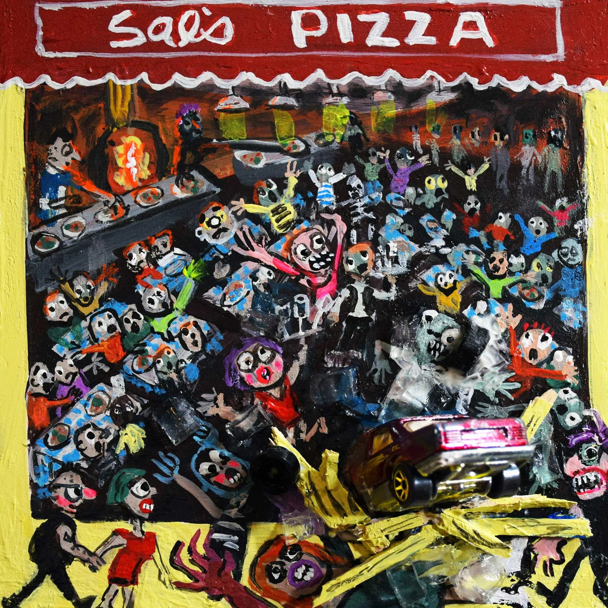 Bad Day At Sal's Pizza, 2024, mixed-media on panel, 6 x 6 in / 15.24 x 15.24 cm