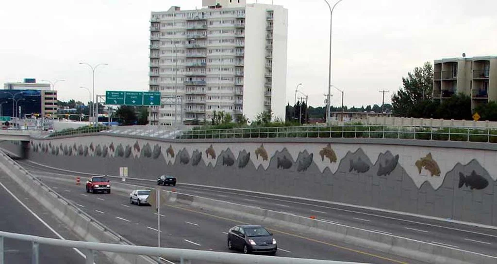 Jumping Trout, 2007, concrete, 153 trout, each 14.8 ft / 4.51 m