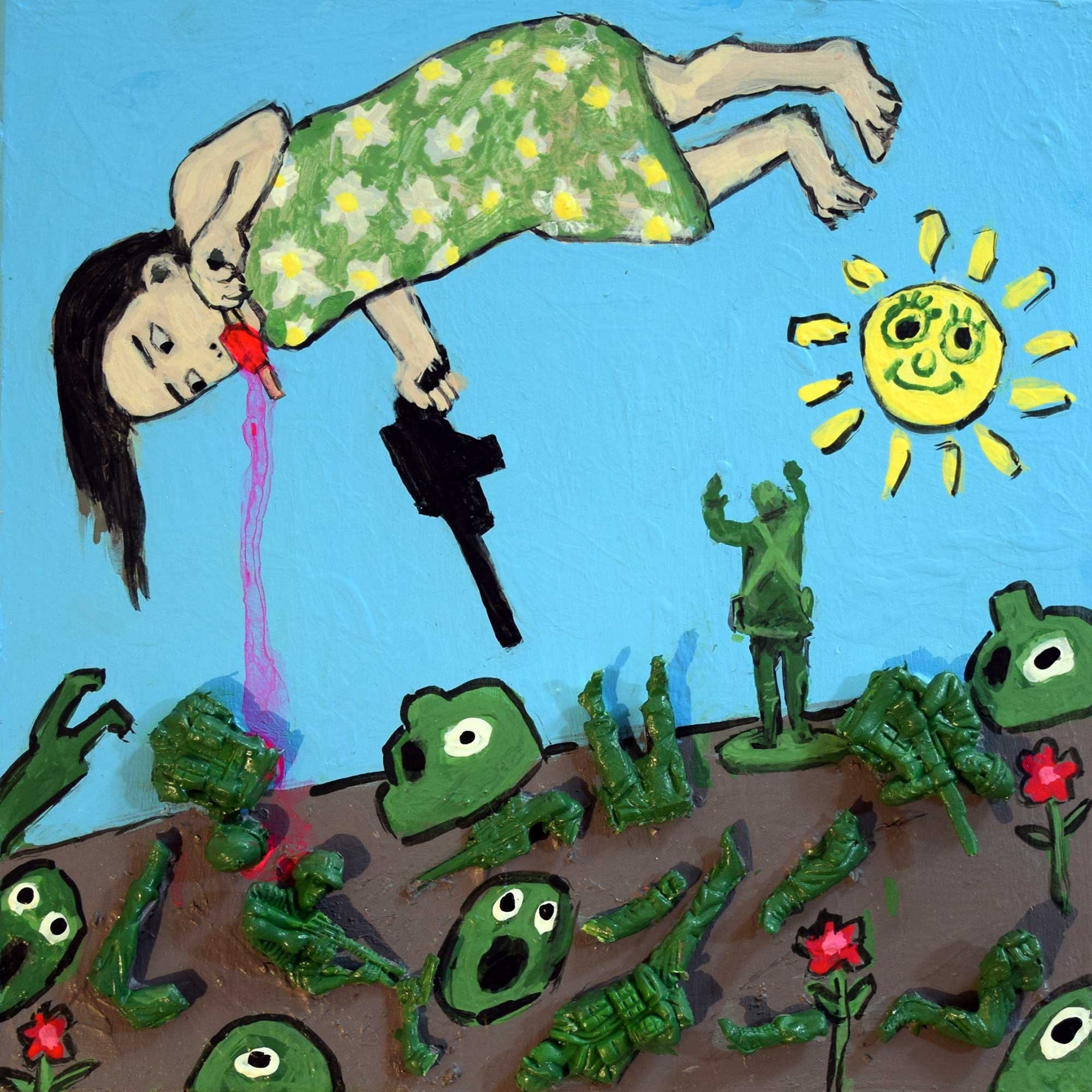 Popsicle Dripping On Army Guys, 2024, mixed-media on panel, 6 x 6 in / 15.24 x 15.24 cm