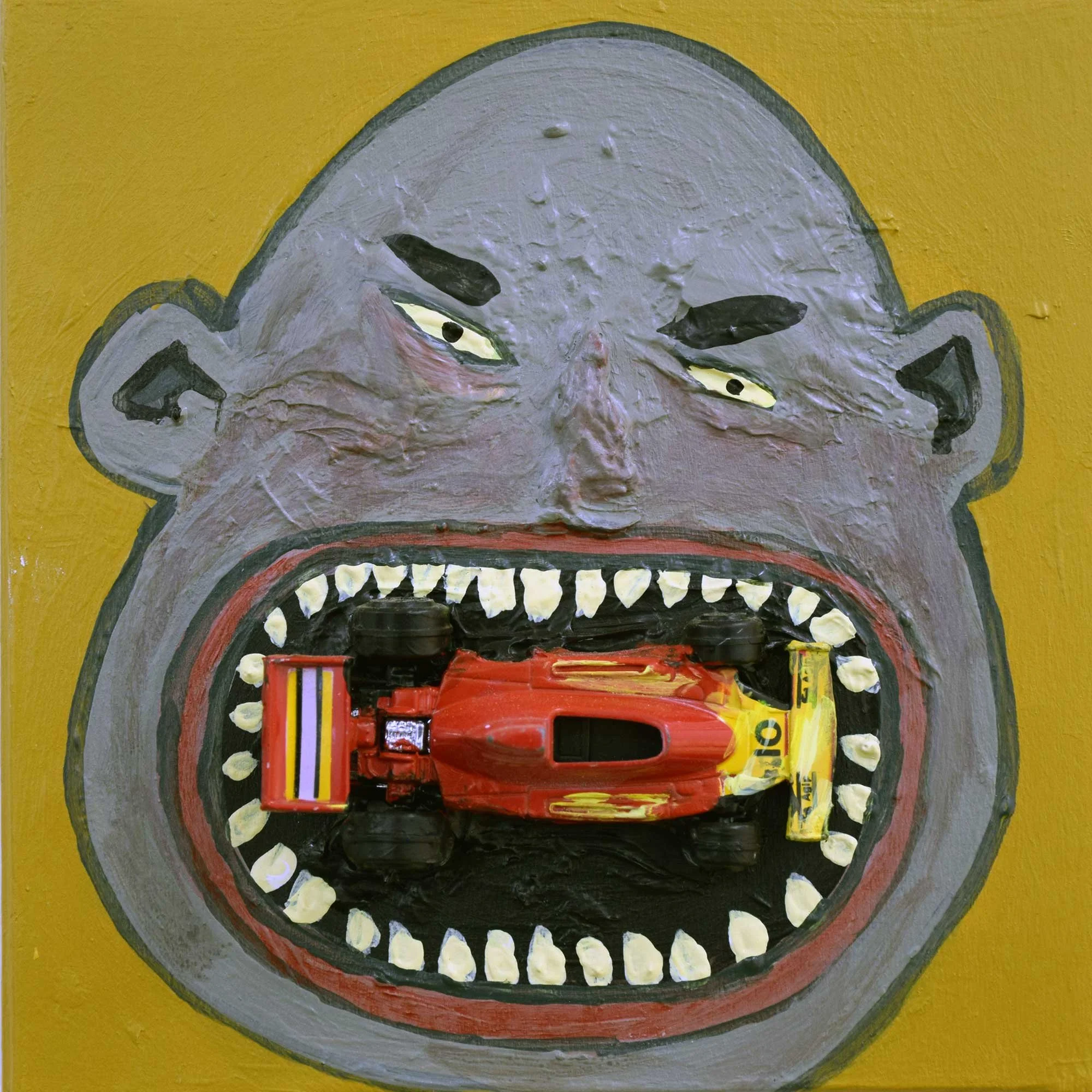 Max Motor Mouth, 2024, mixed-media on panel, 6 x 6 in / 15.24 x 15.24 cm