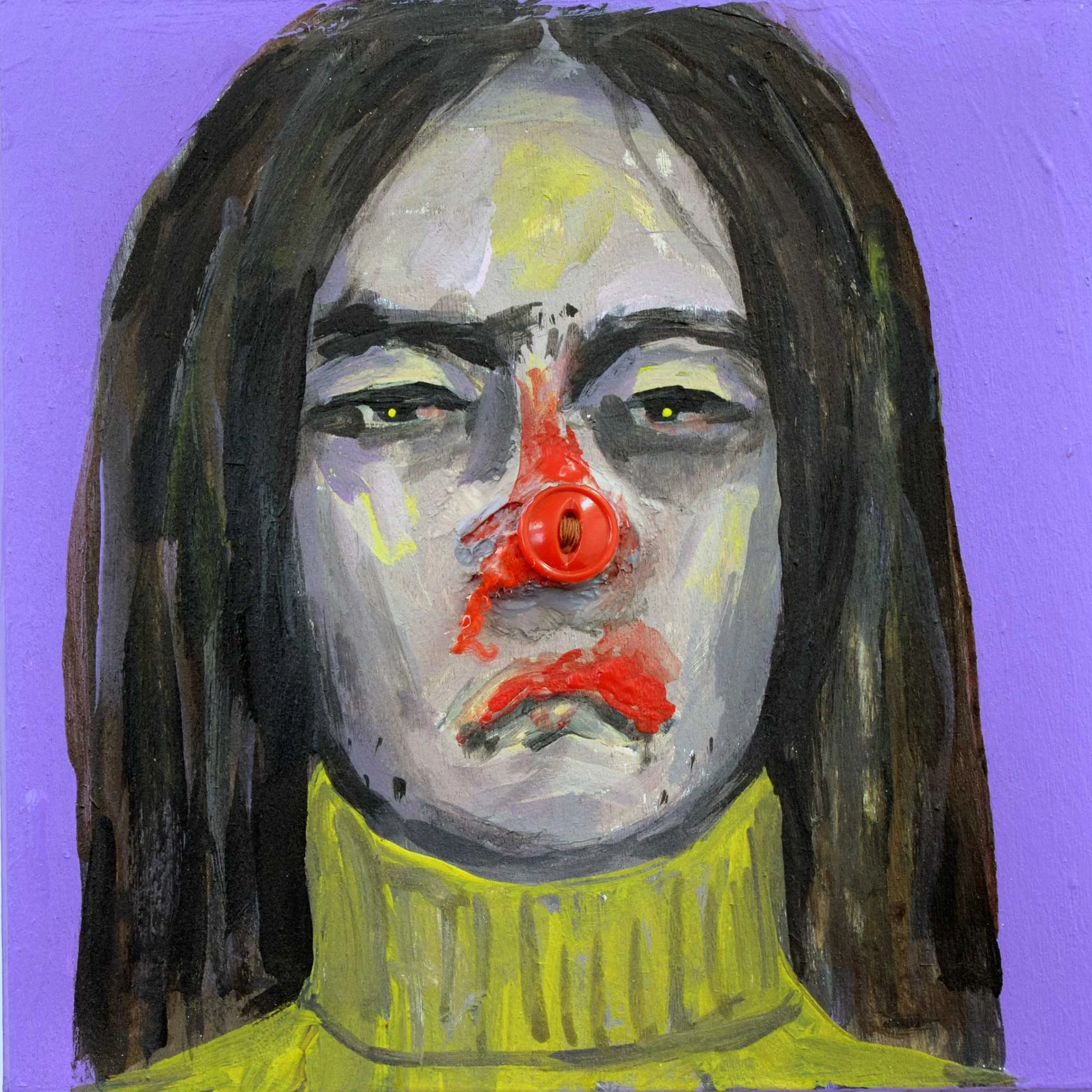 Barn Button Nose, 2024, mixed-media on panel, 6 x 6 in / 15.24 x 15.24 cm