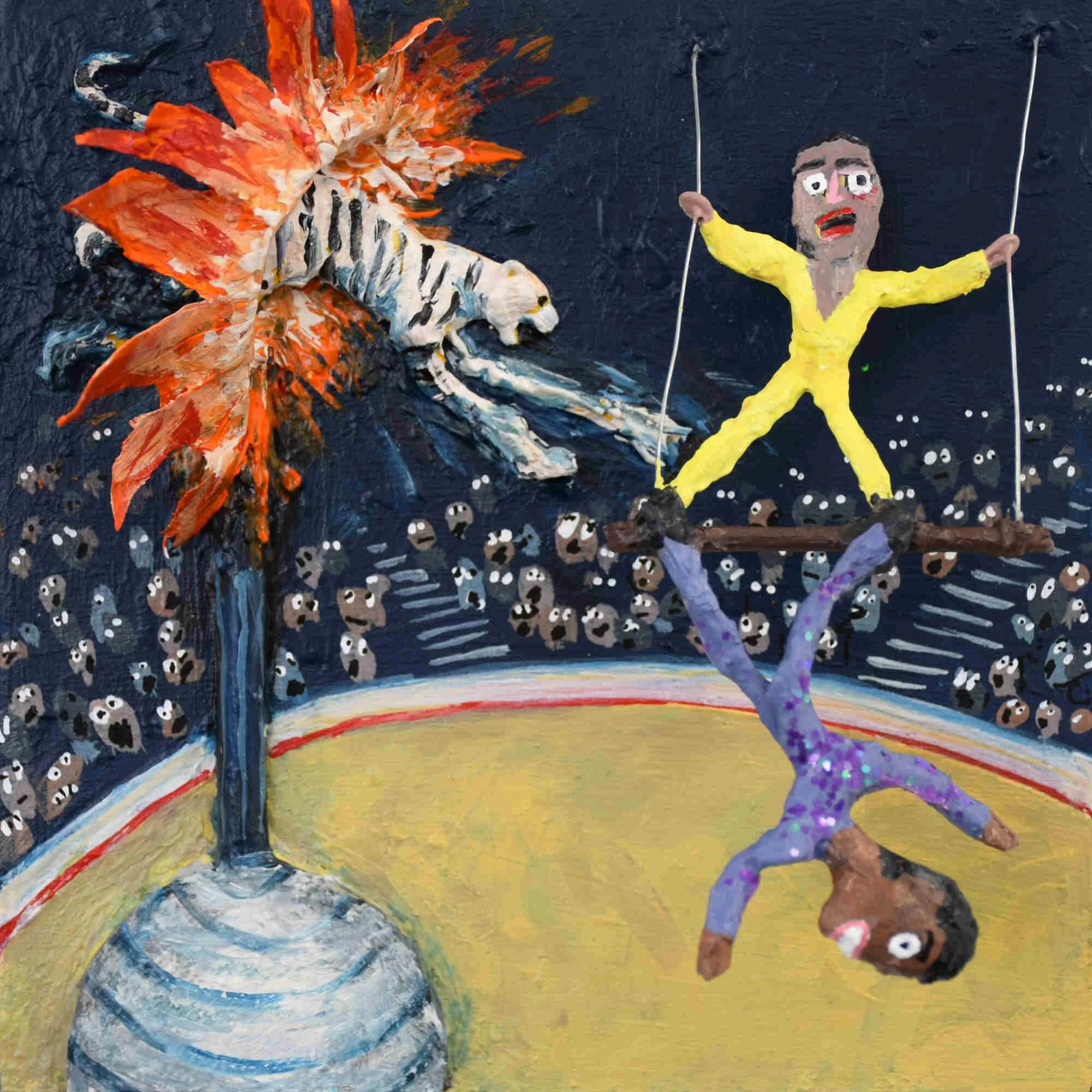 Tiger and Trapeze, 2025, mixed-media on panel, 6 x 6 in / 15.24 x 15.24 cm