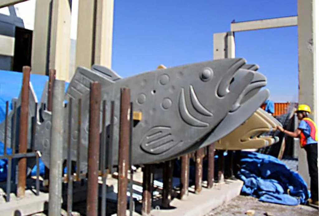 Jumping Trout, 2007, concrete, 153 trout, each 14.8 ft / 4.51 m