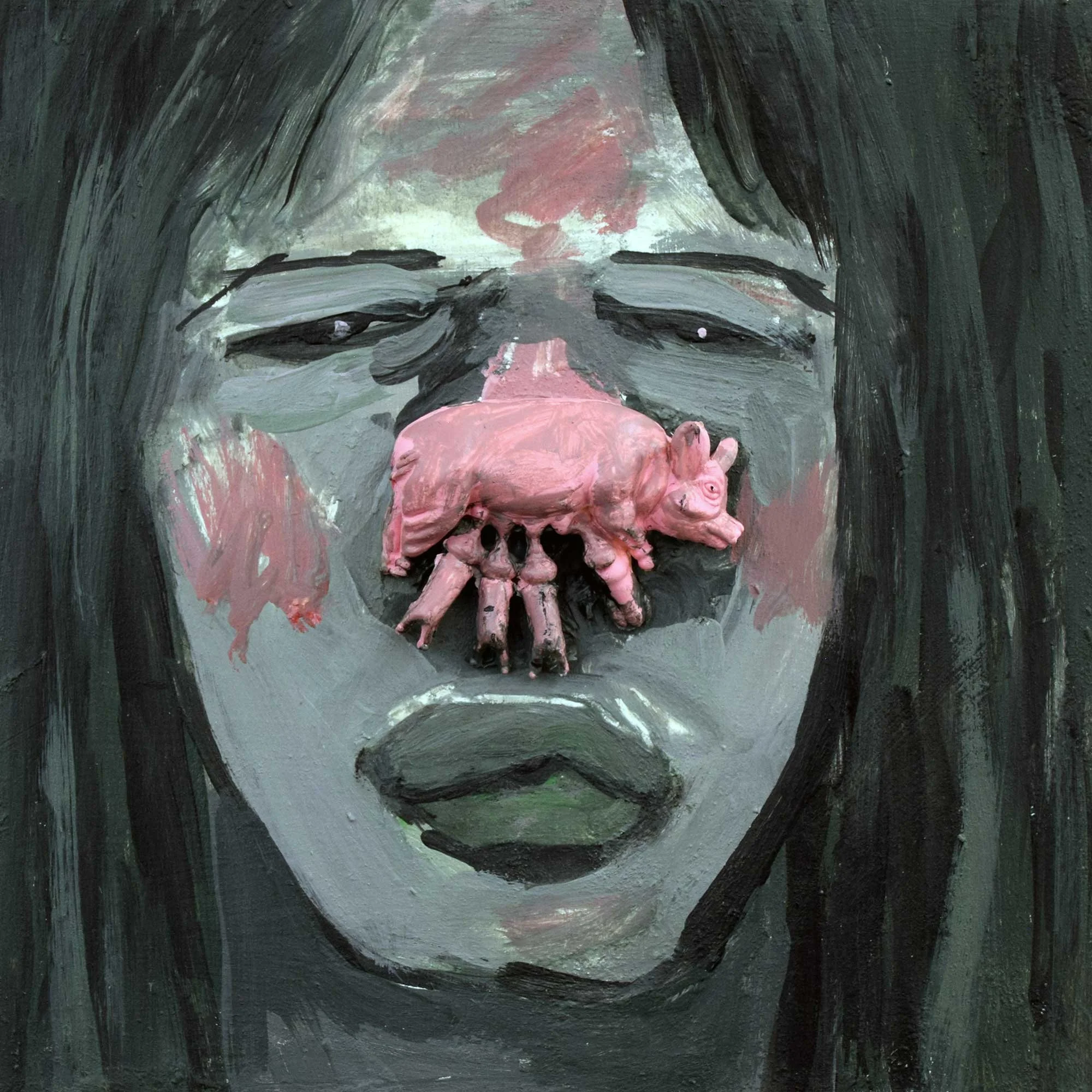 Pam Pig Face, 2024, mixed-media on panel, 6 x 6 in / 15.24 x 15.24 cm