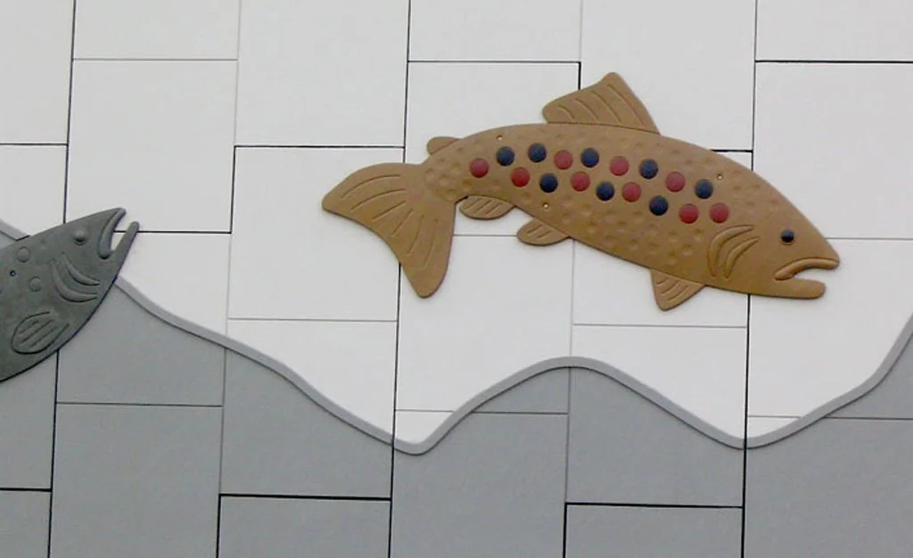 Jumping Trout, 2007, concrete, 153 trout, each 14.8 ft / 4.51 m