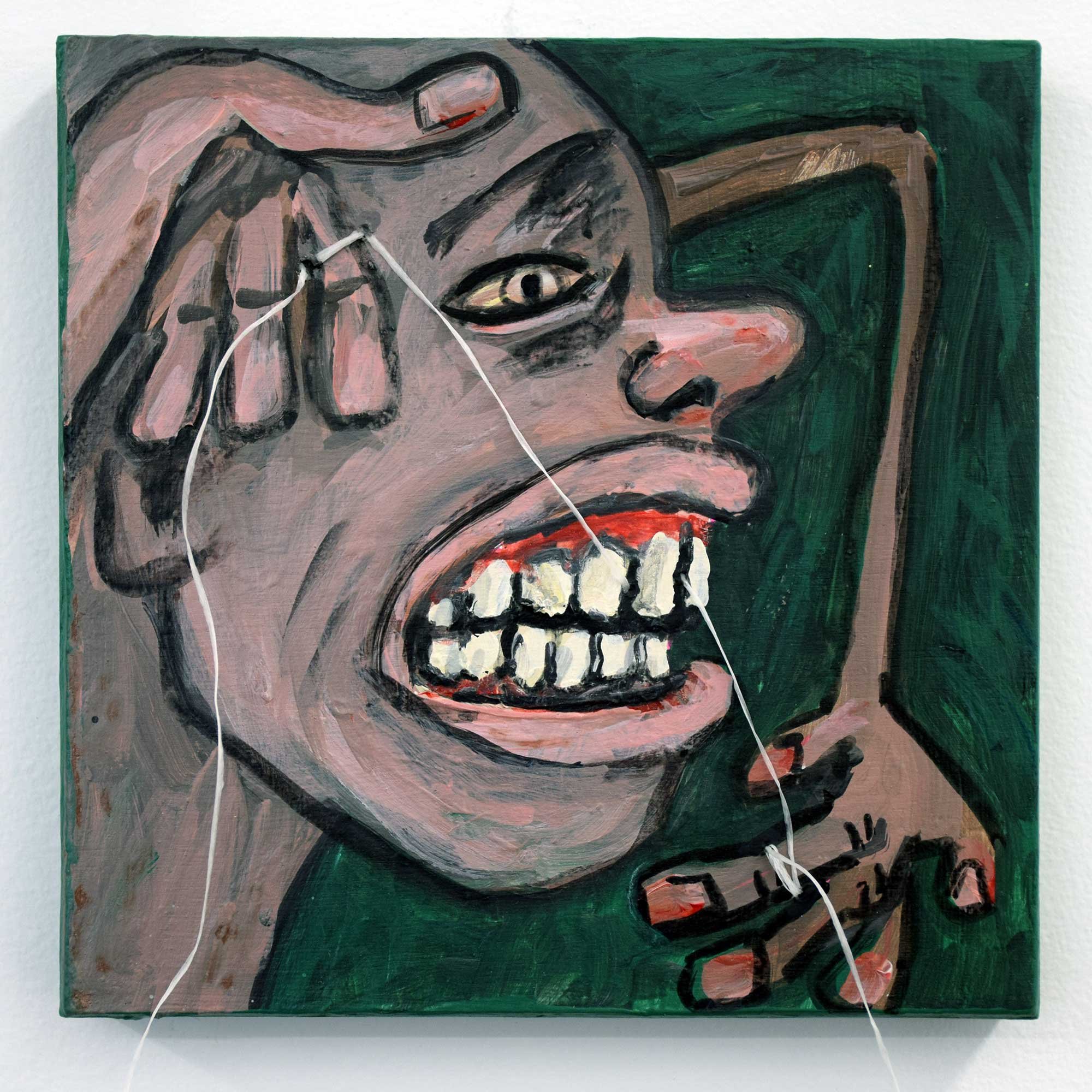 Stuck, 2025, mixed-media on panel, 6 x 6 in / 15.24 x 15.24 cm