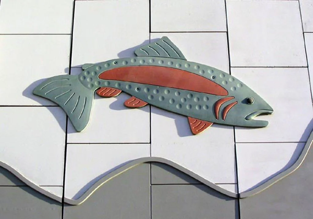 Jumping Trout, 2007, concrete, 153 trout, each 14.8 ft / 4.51 m