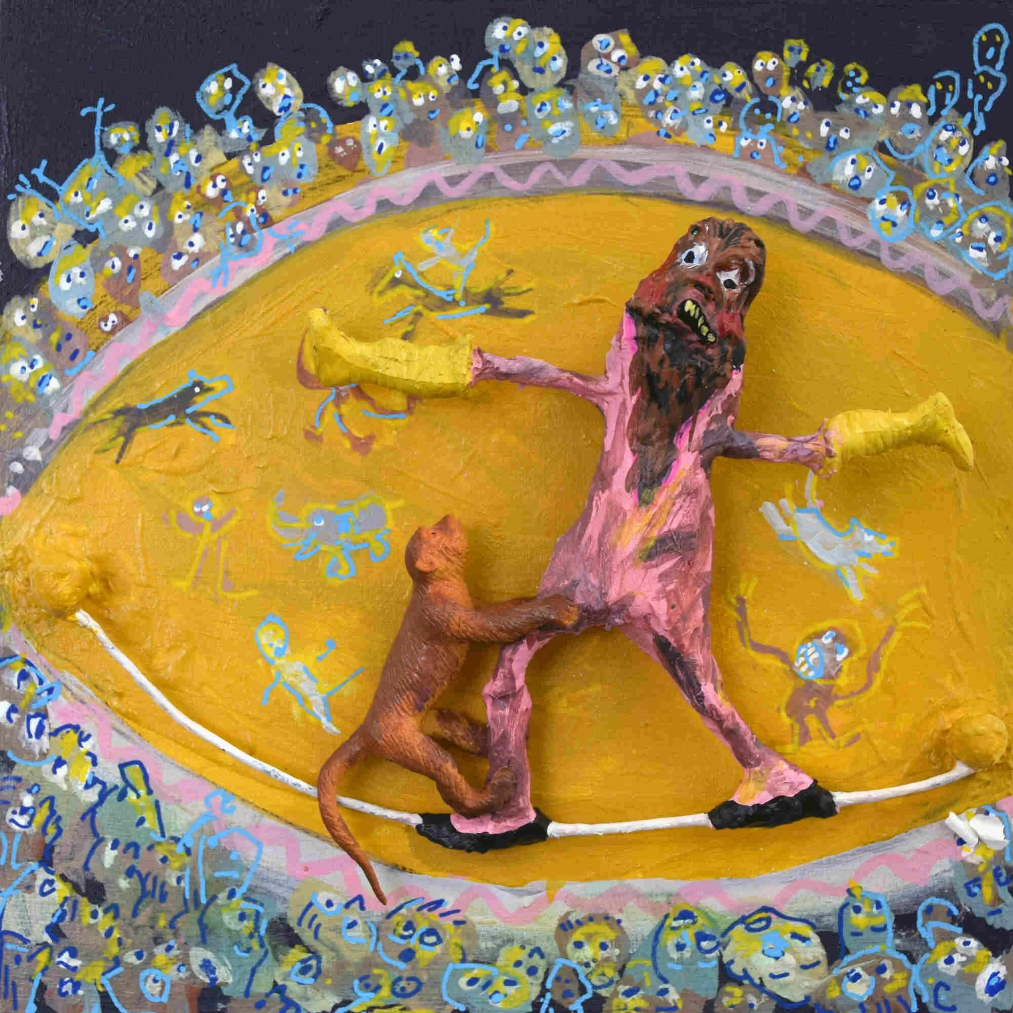 Monkey Guy, 2025, mixed-media on panel, 6 x 6 in / 15.24 x 15.24 cm