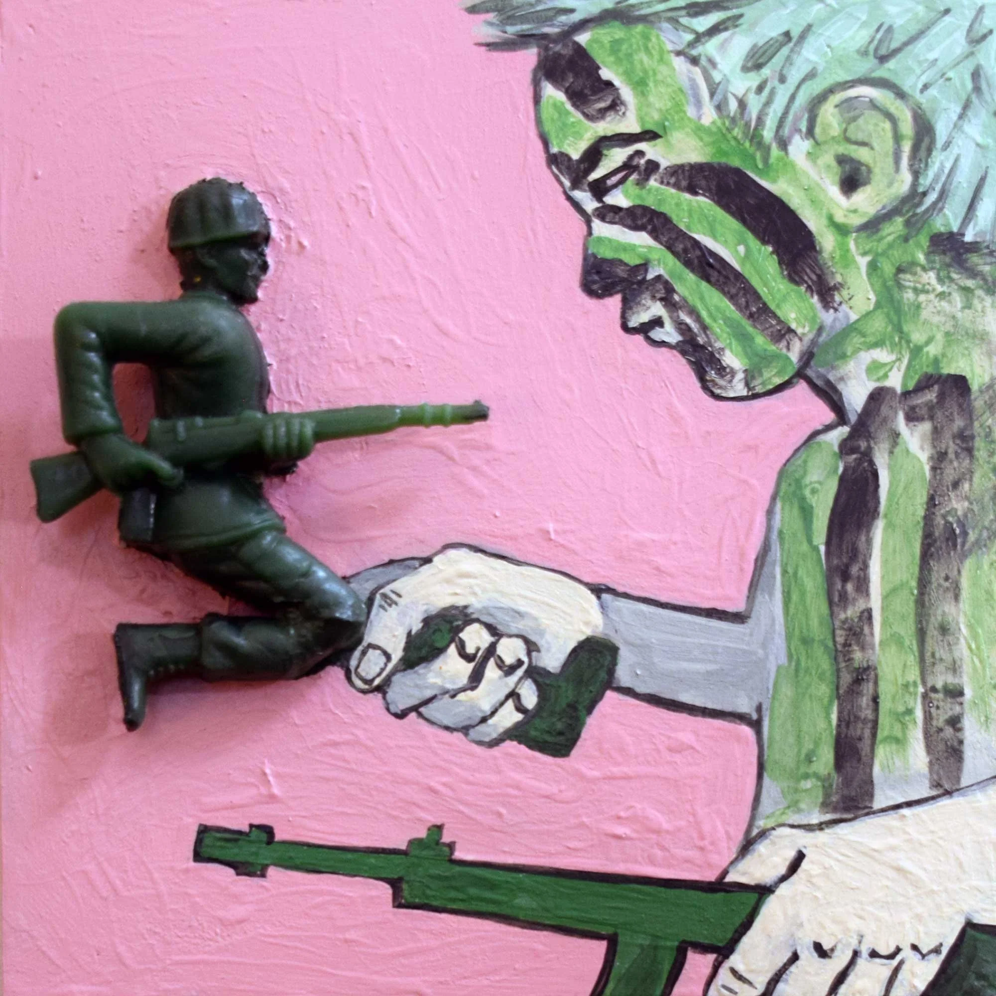 Grabbing A Soldier, 2024, mixed-media on panel, 6 x 6 in / 15.24 x 15.24 cm