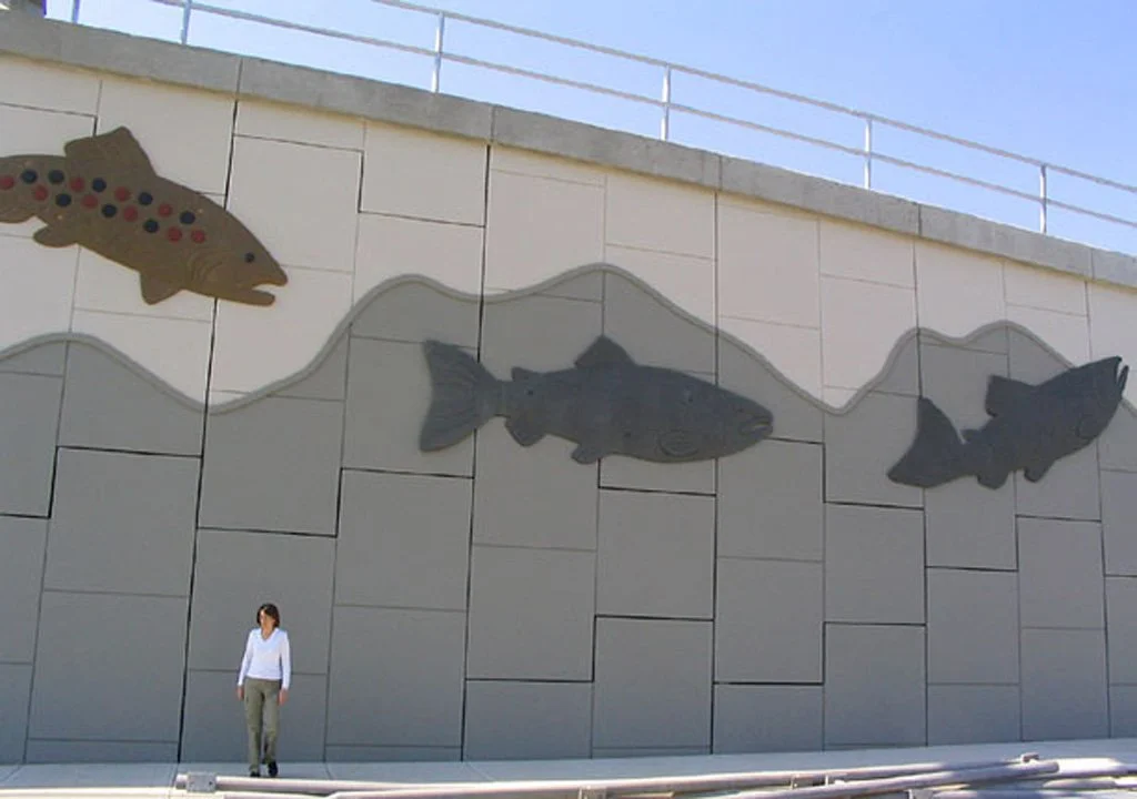 Jumping Trout, 2007, concrete, 153 trout, each 14.8 ft / 4.51 m