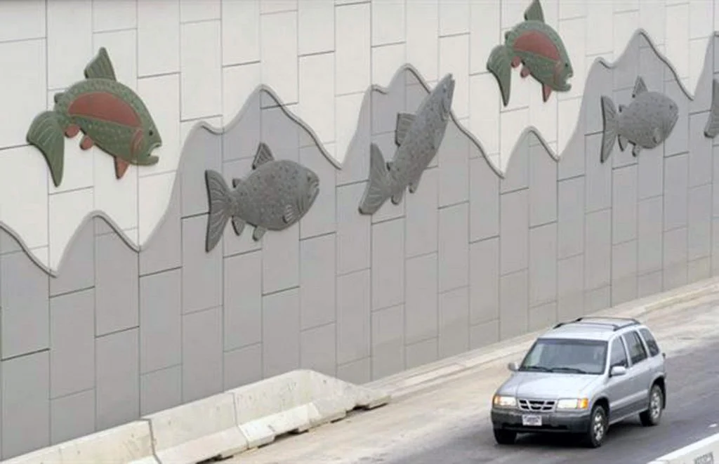Jumping Trout, 2007, concrete, 153 trout, each 14.8 ft / 4.51 m
