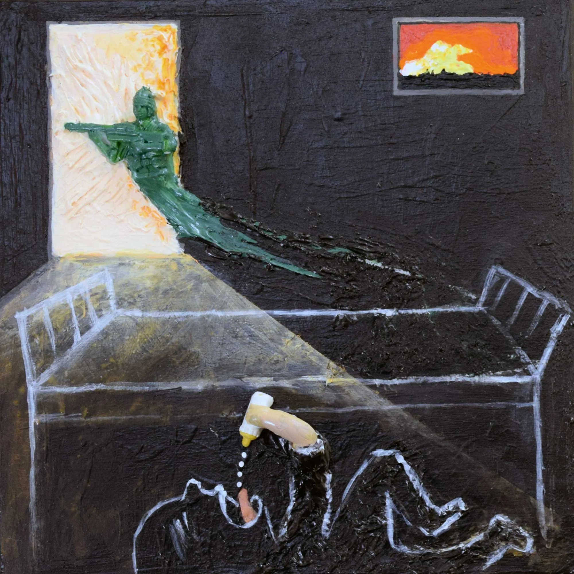 Dreaming Of War, 2024, mixed-media on panel, 6 x 6 in / 15.24 x 15.24 cm