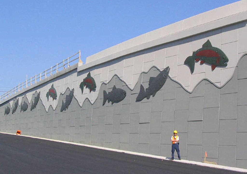 Jumping Trout, 2007, concrete, 153 trout, each 14.8 ft / 4.51 m