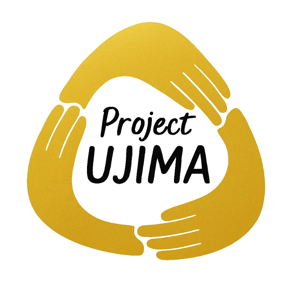 Logo with three gold hands forming a triangle around the text 'Project UJIMA' in black.