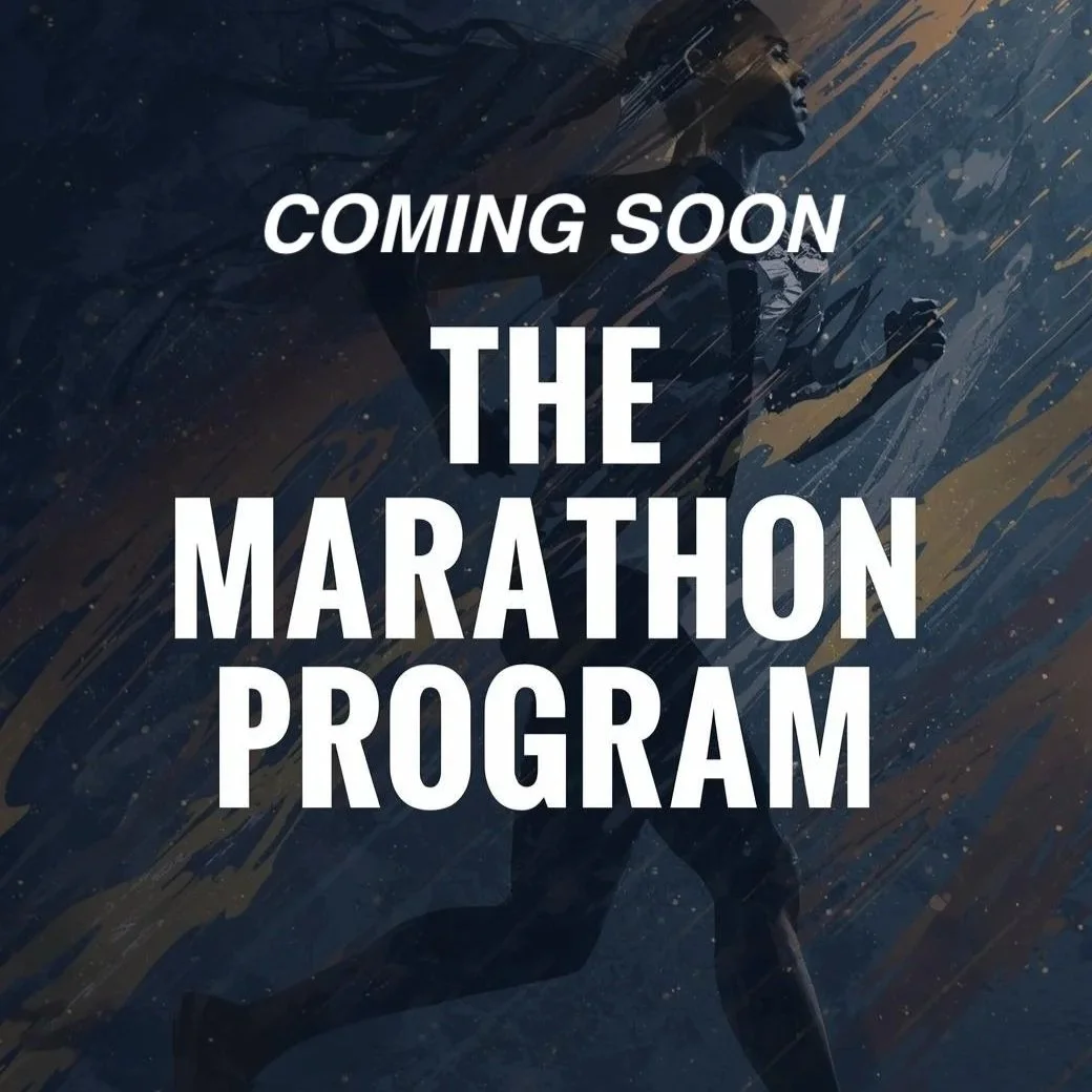 Text overlay reading 'Coming Soon The Marathon Program' over a background of a person running through a dynamic, splashy abstract design.
