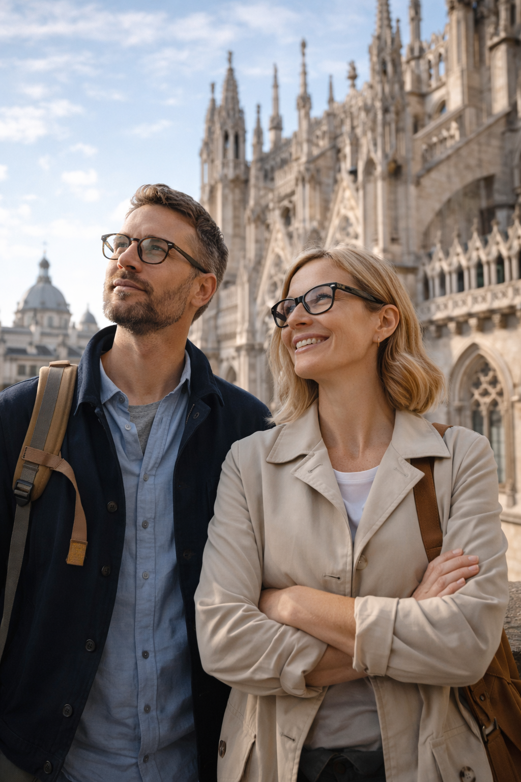 A man and a woman with glasses smiling in front of a historic cathedral in a European city.